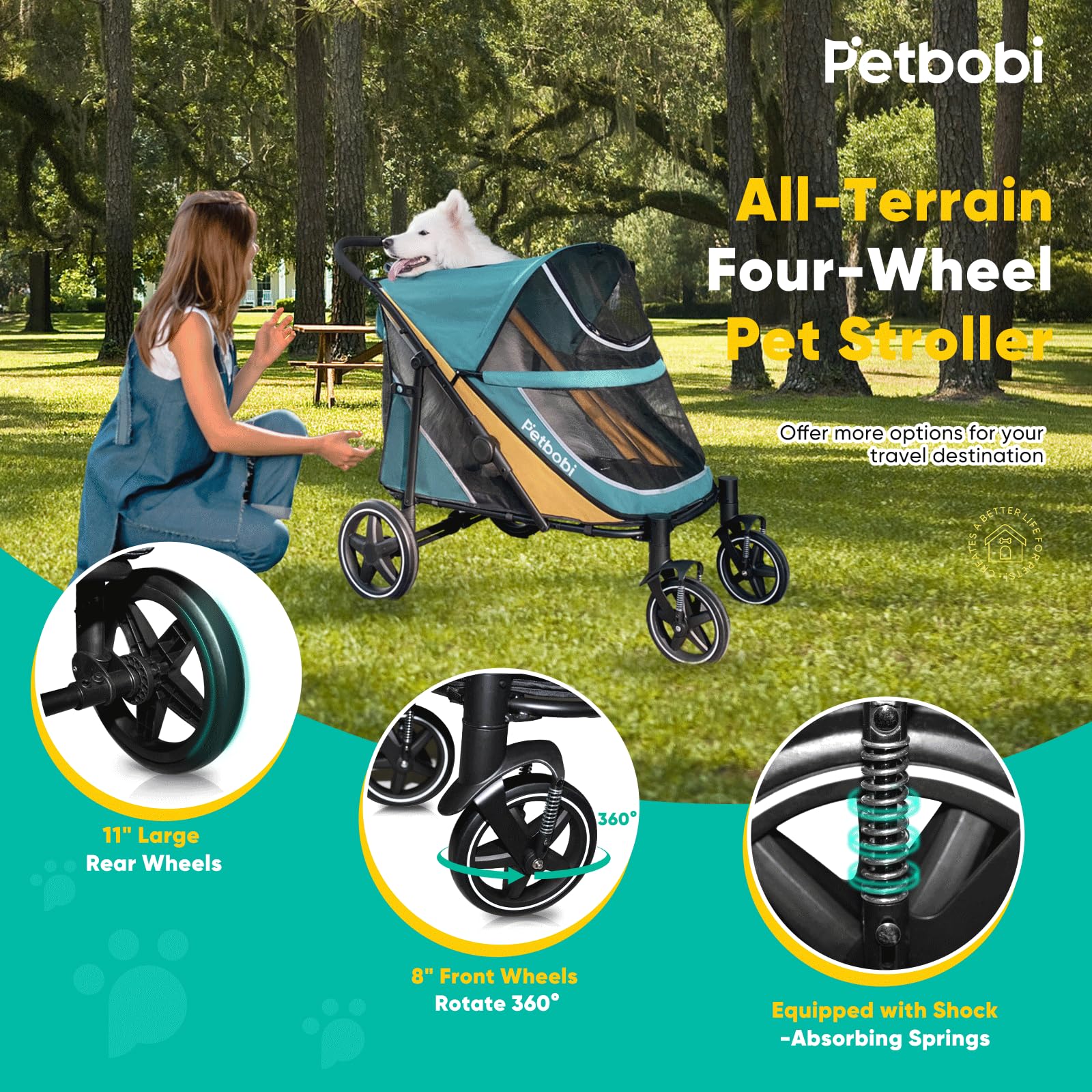 Petbobi Dog Stroller For Medium Dogs - Easy Fold Dual Entry Pet Stroller With One-Foot Brake, All Terrain Wagon Cart With Large