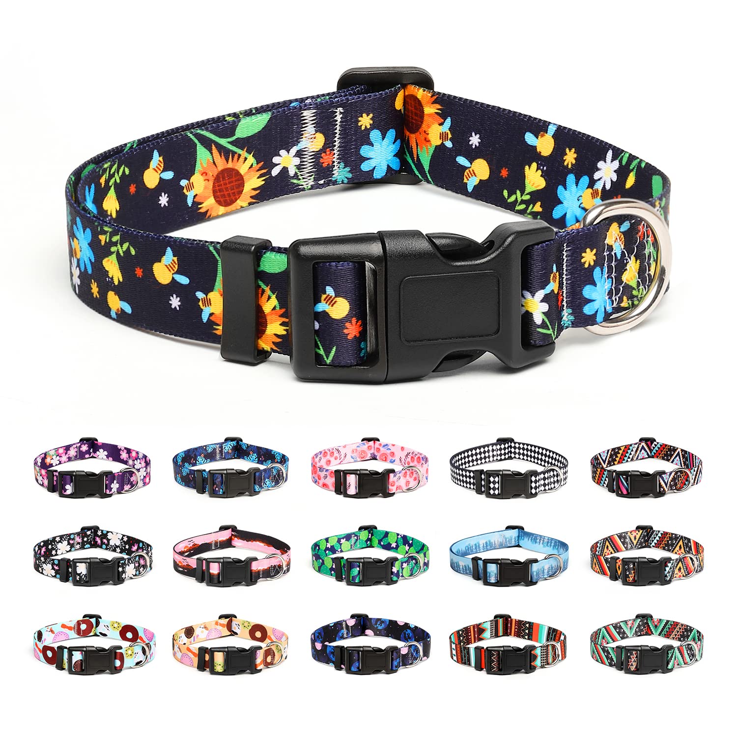 Mercano Adjustable Dog Collar - Special Design Patterns, Soft Nylon Comfortable Durable Pet Collar For Small Medium Large Dogs (L, Sunflower)