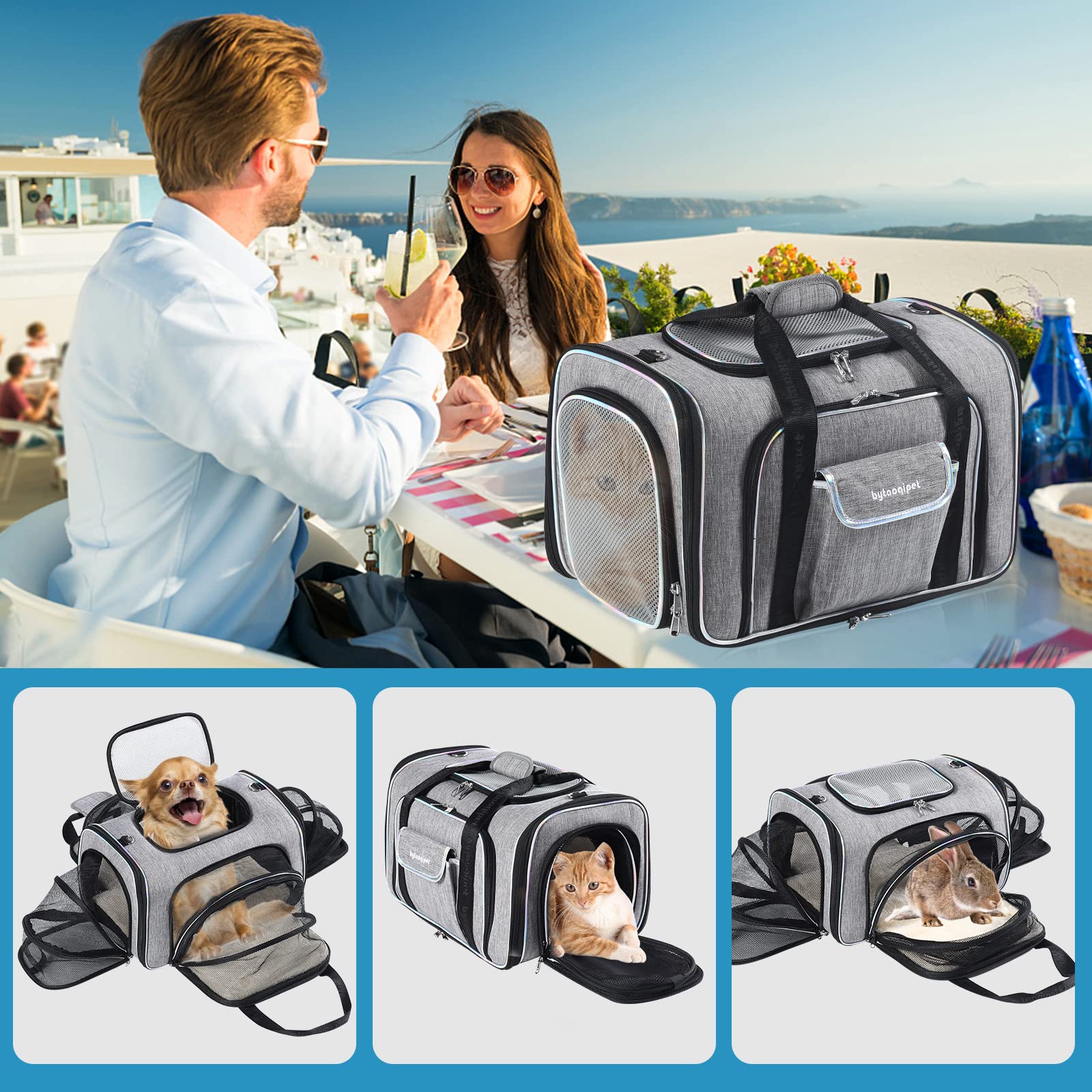 4 Sides Expandable Cat Travel Bag Airline Approved Collapsible Cat Soft-Sided Carriersexpandable Pet Carrier，Folding Soft Sided Transport Tote Bag For Kittens,Dog & Small Animals、Removable Fleece Pad