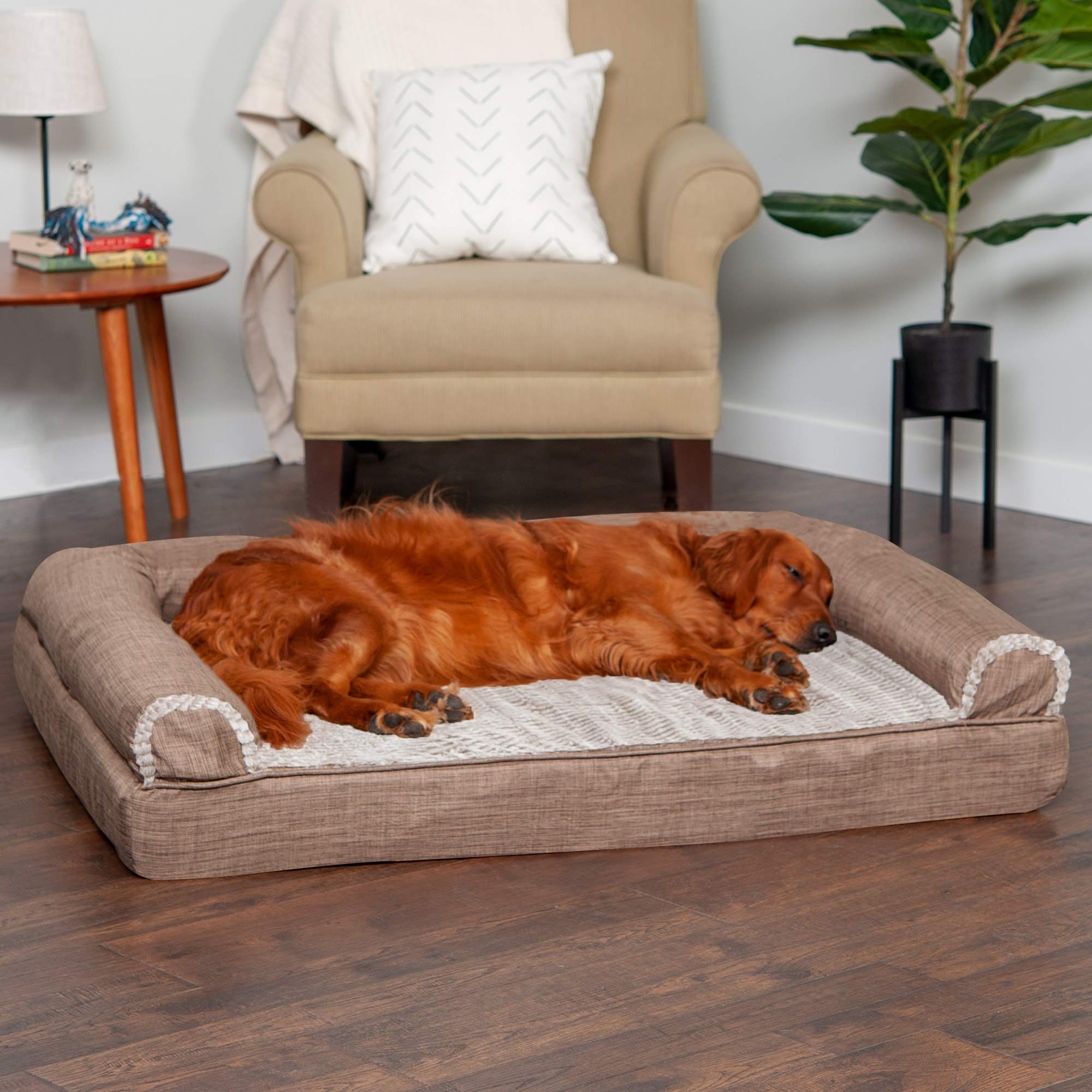 Furhaven Memory Foam Dog Bed for Large Dogs w/ Removable Bolsters & Washable Cover, For Dogs Up to 95 lbs - Luxe Faux Fur & Perf