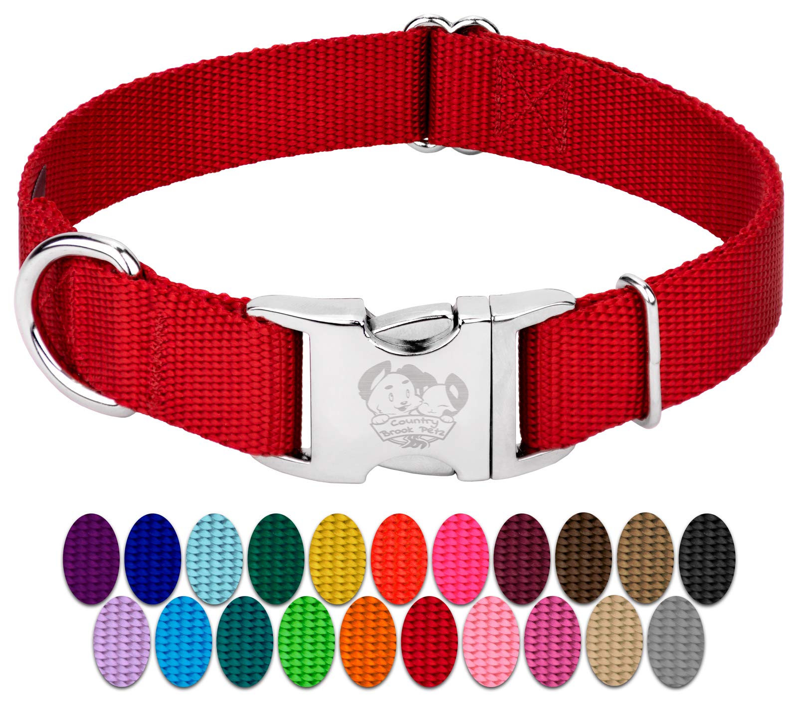 Country Brook Design - Vibrant 30+ Color Selection - Premium Nylon Dog Collar With Metal Buckle (Medium, 3/4 Inch, Red)
