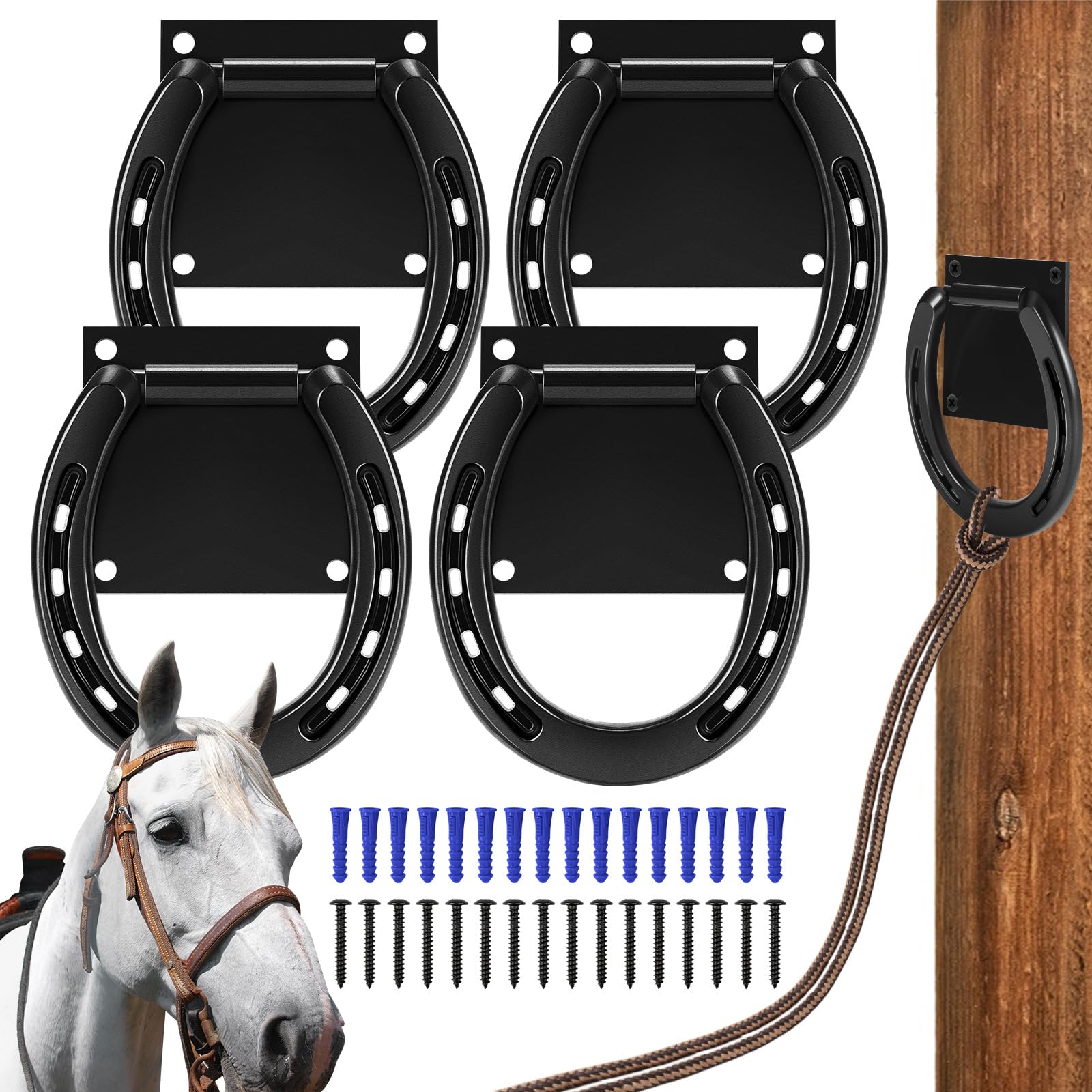 Zhengmy 4 Set Tie Ring For Horses Solid Steel With 3 X 3 Inch Expansion Screws, Horseshoe Cross Ties Down For Horse Tack Stall S