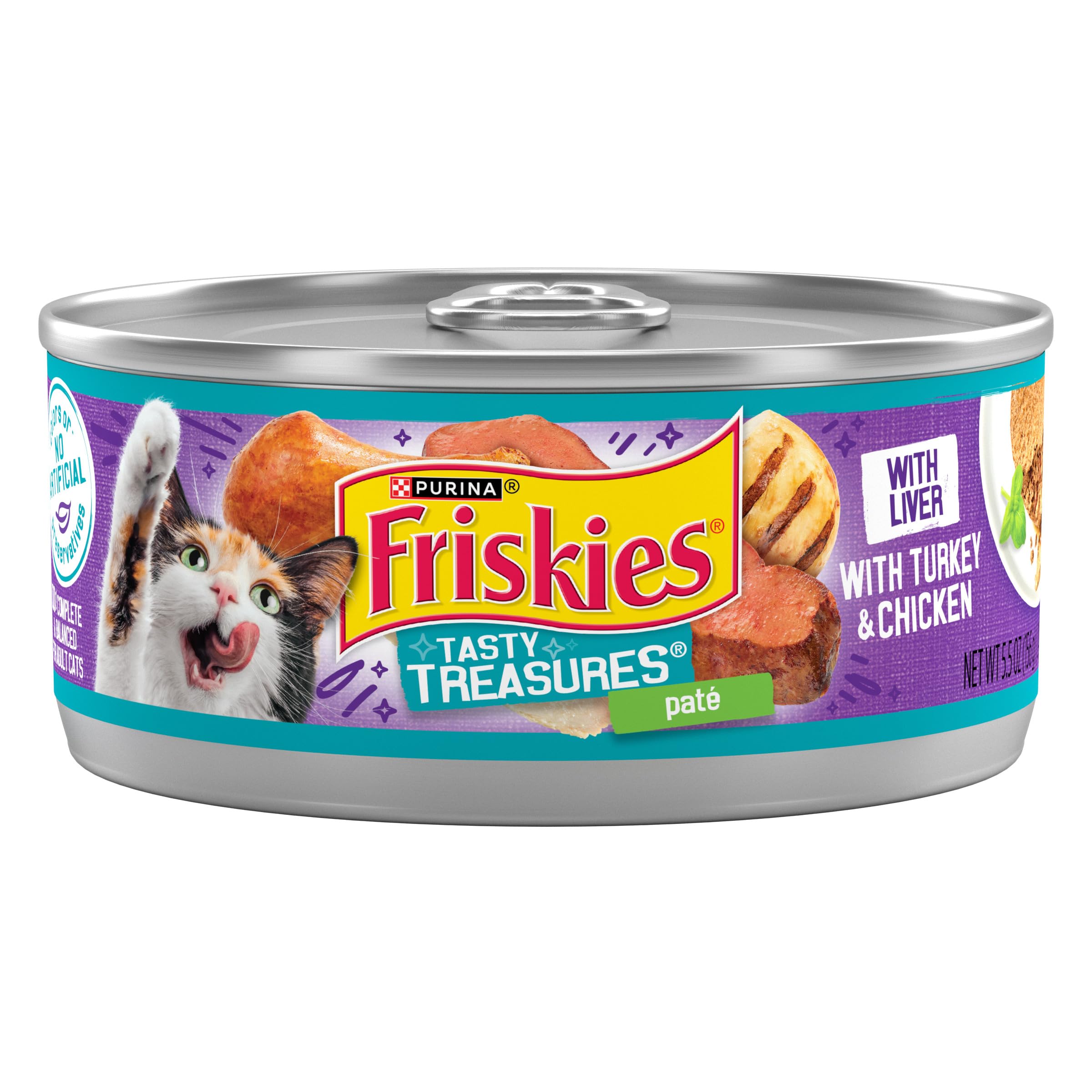 Purina Friskies Wet Cat Food Pate, Tasty Treasures Turkey Chicken Liver, Canned Cat Food Wet, Pack of 24 5.5 oz Cans