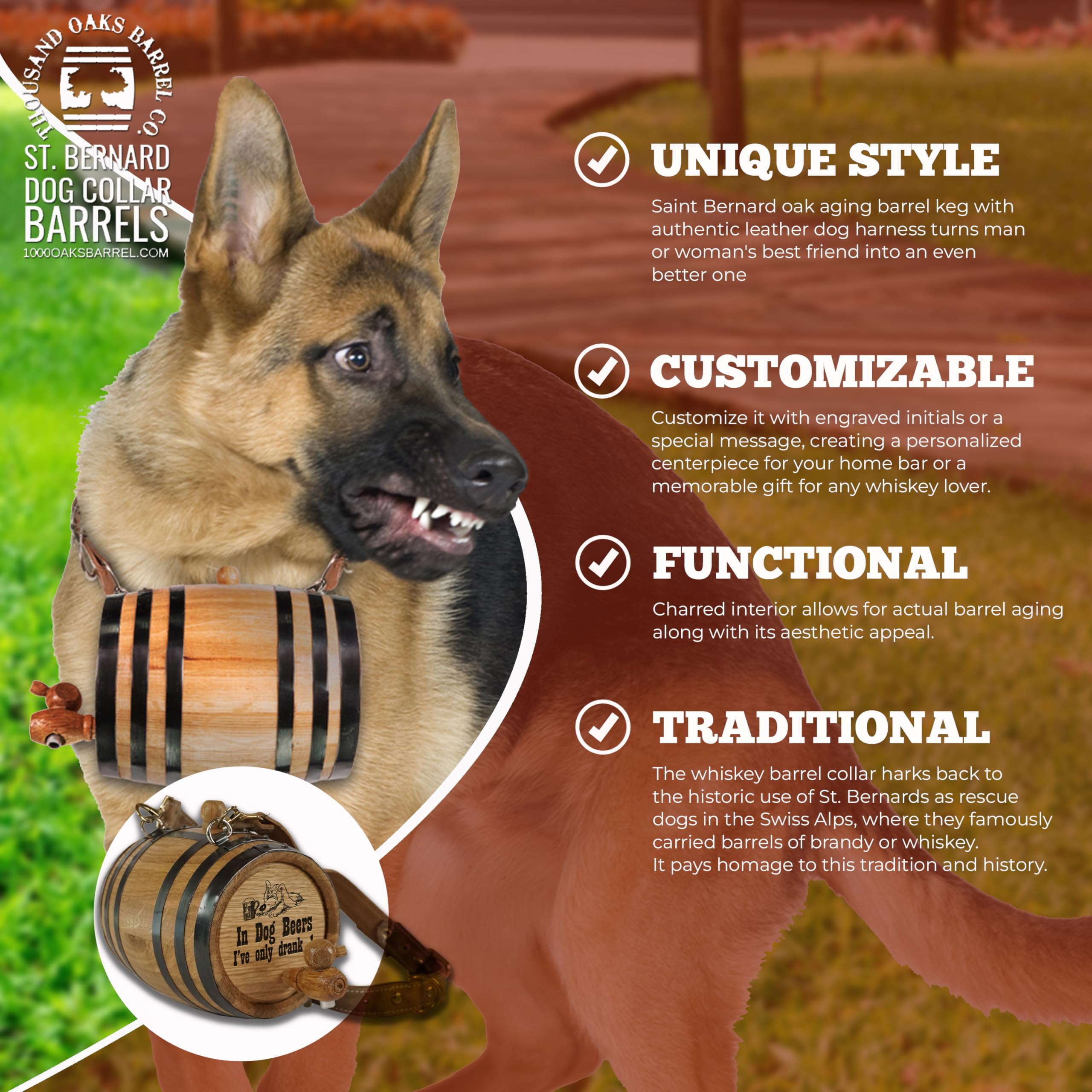 St Bernard Whiskey Barrel Collar For Dog, In Dog Beers' - 1/2 Liter Oak Aging Barrel Dispenser For Saint Bernard Dogs With Adjus