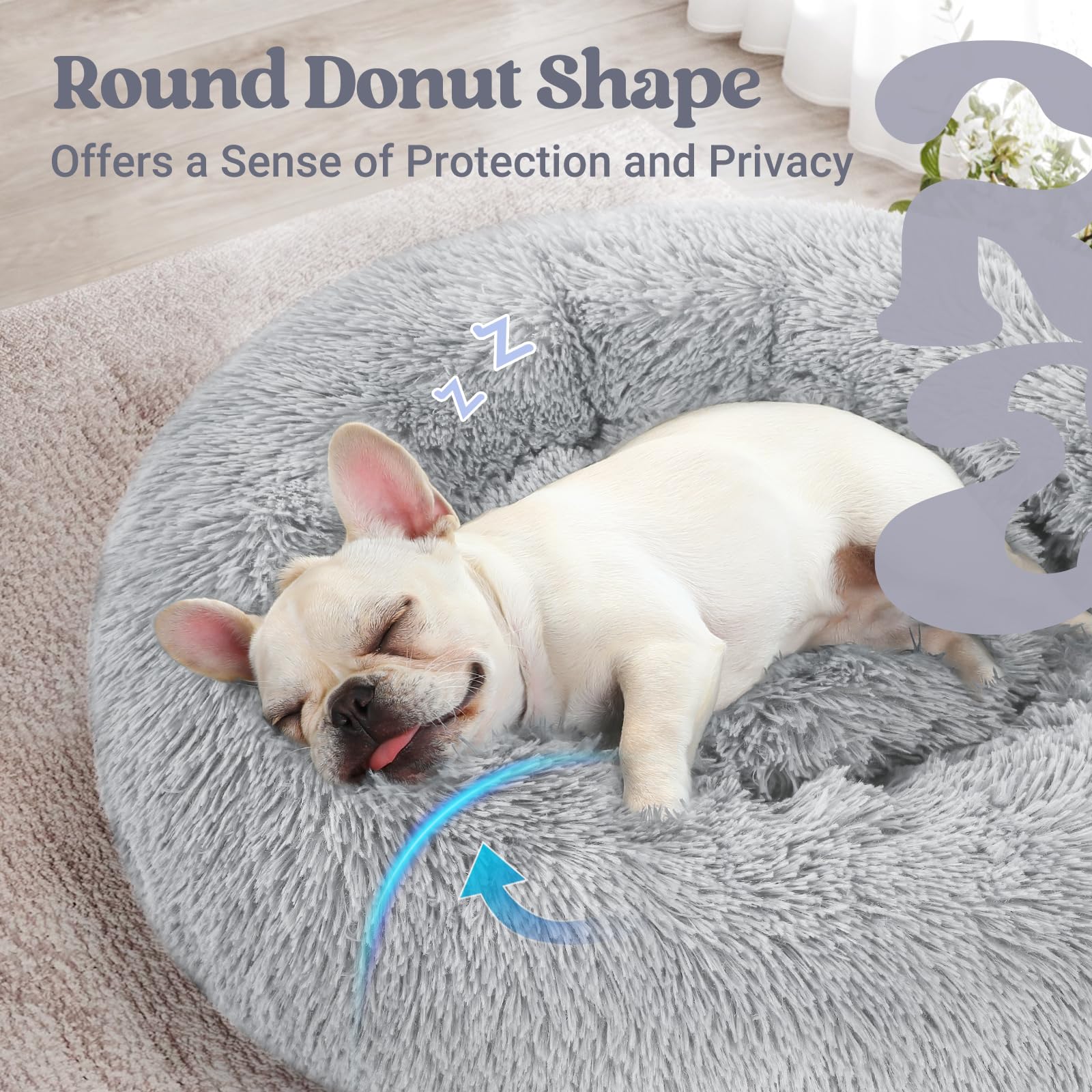 Rabbitgoo Dog Bed For Small, 24 Inches Machine Washable, Fluffy Donut Pet Bed Anti-Slip, Calming Soft Plush Round Cushion, Fits Up To 18 Lbs Pets, Light Grey