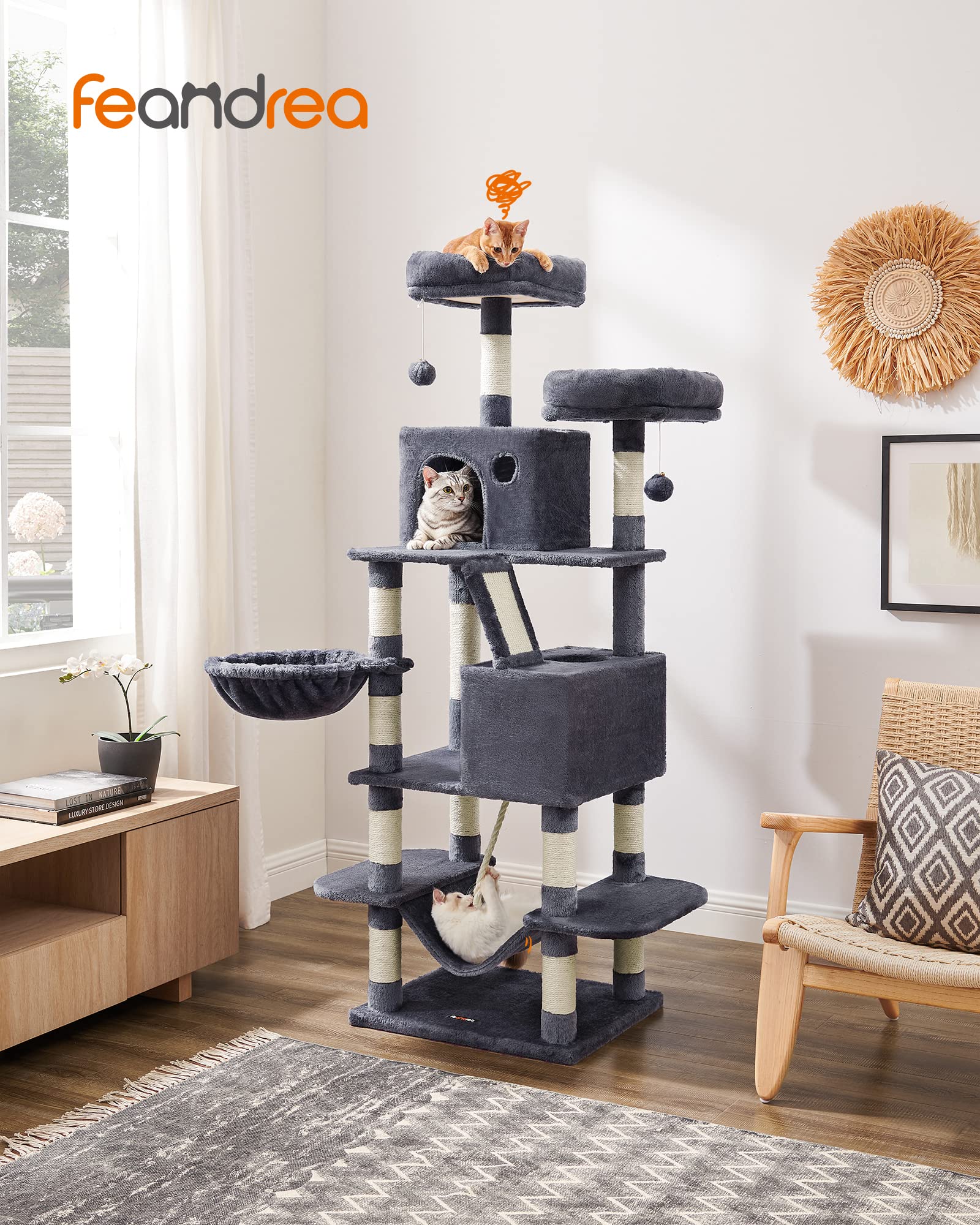 Feandrea Cat Tree, 66.1-Inch Large Cat Tower With 13 Scratching Posts, 2 Perches, 2 Caves, Basket, Hammock, Pompoms, Multi-Level