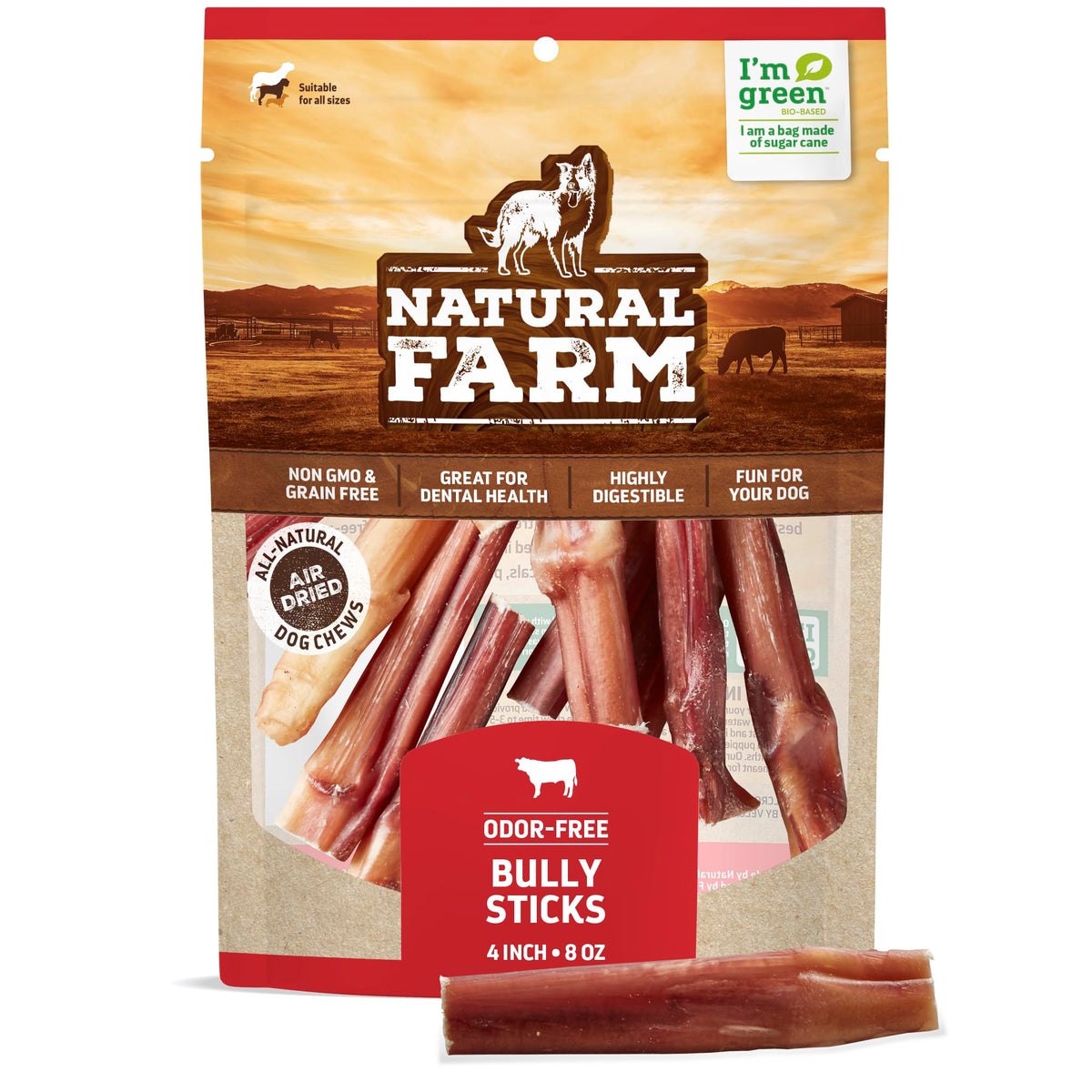 Natural Farm Odor-Free Bully Sticks (4”, 8Oz) All-Natural Long-Lasting Chews, 100% Beef Pizzle, Grass-Fed, Grain-Free, Hormone-Free, Protein For Muscle Development & Energy, Perfect For Small Dogs