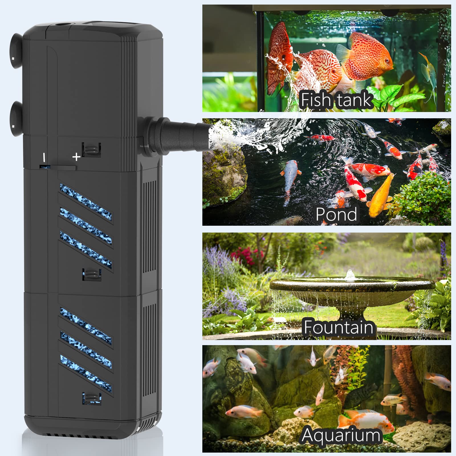 Aquarium Filter, Insputer 8W Turtle Tank Filter With 2 Sponge Filtration, 200 Gph Adjustable Submersible Fish Filters For 10-50 Gallo Pond Freshwater