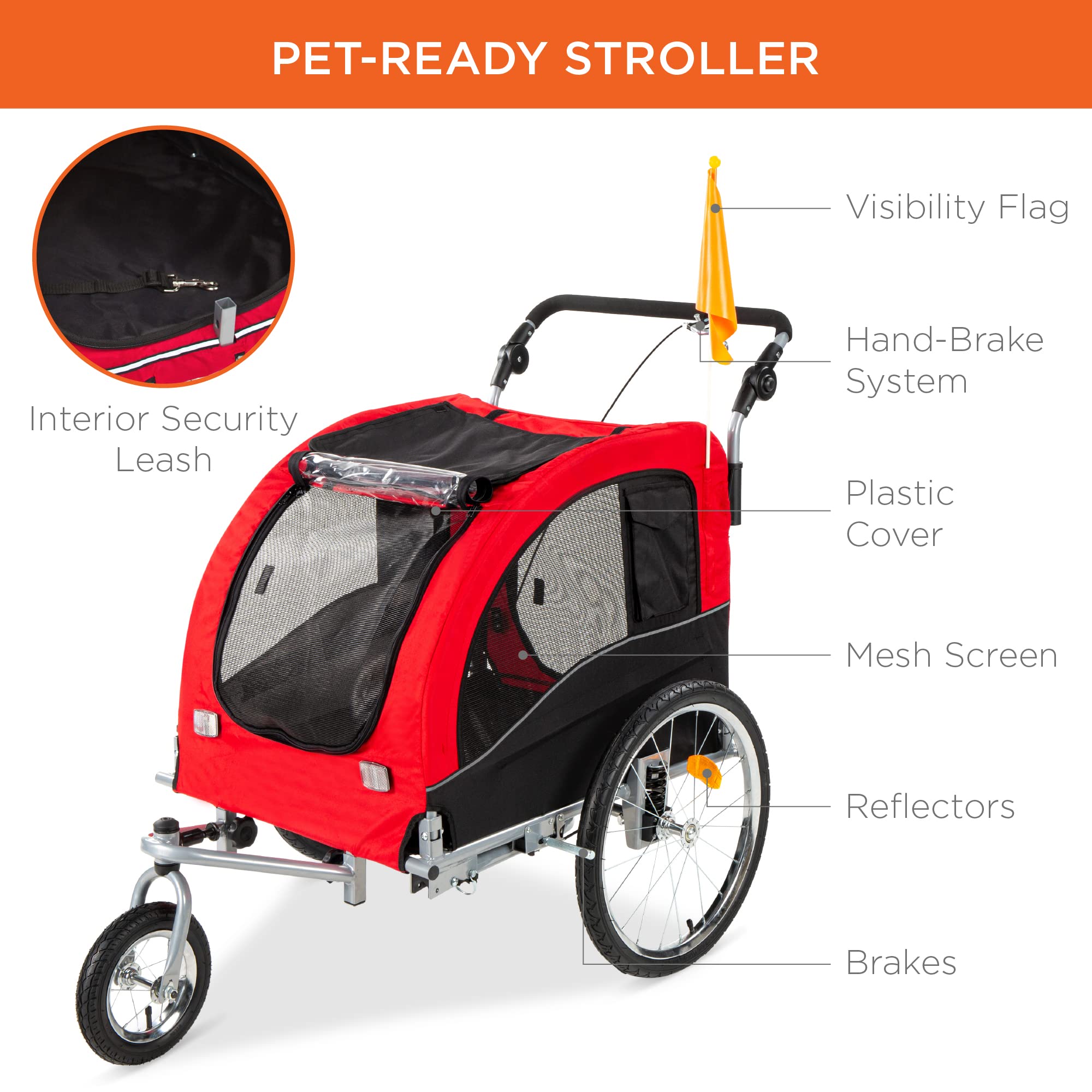 Best Choice Products 2-in-1 Dog Bike Trailer, Pet Stroller Bicycle Carrier w/Hitch, Suspension, Visibility Flag and Reflectors,