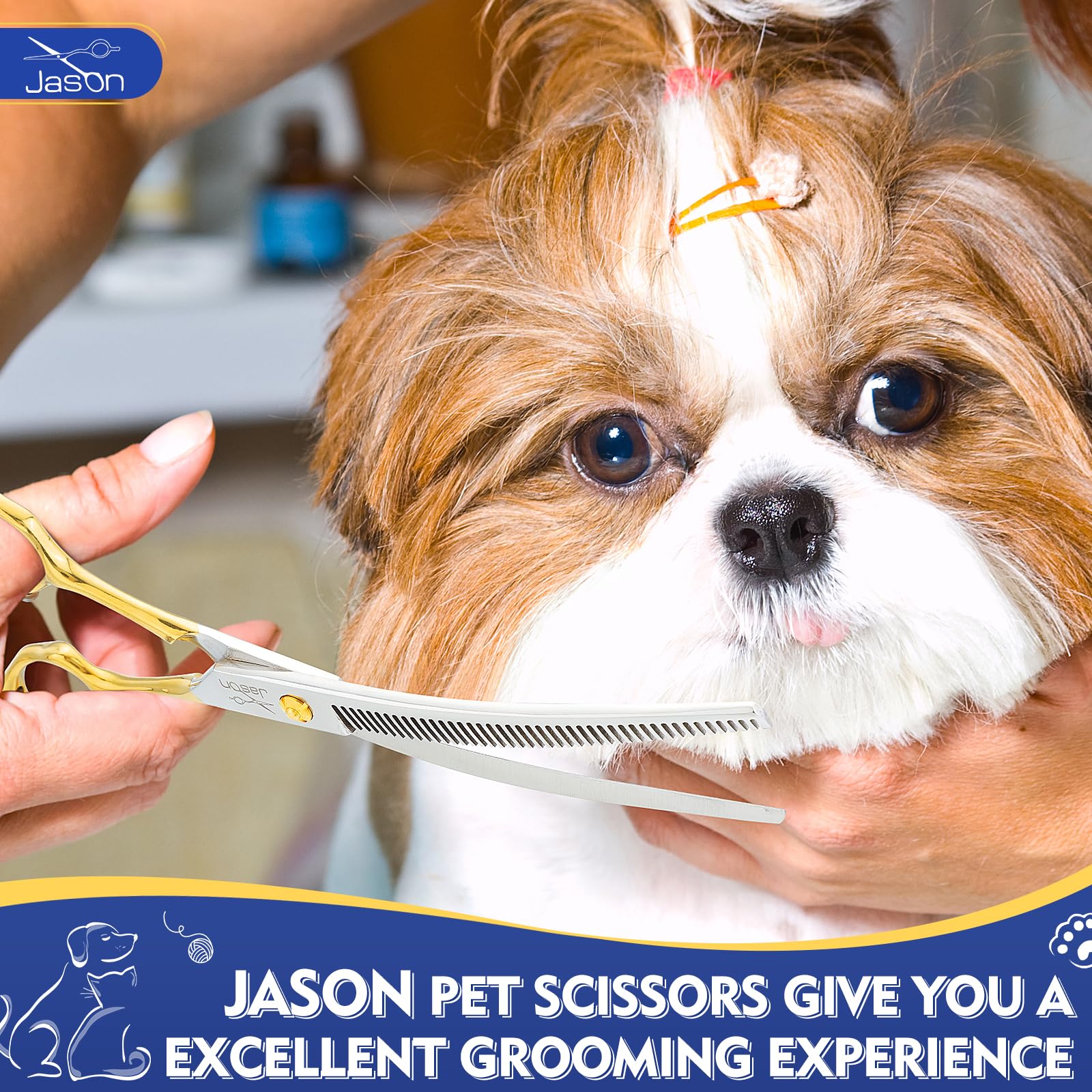 Jason Curved Thinner Dog Scissors - Ergonomic Updated Dog Grooming Scissors Sharp Curved Blender Dog Shears 440C Stainless Steel