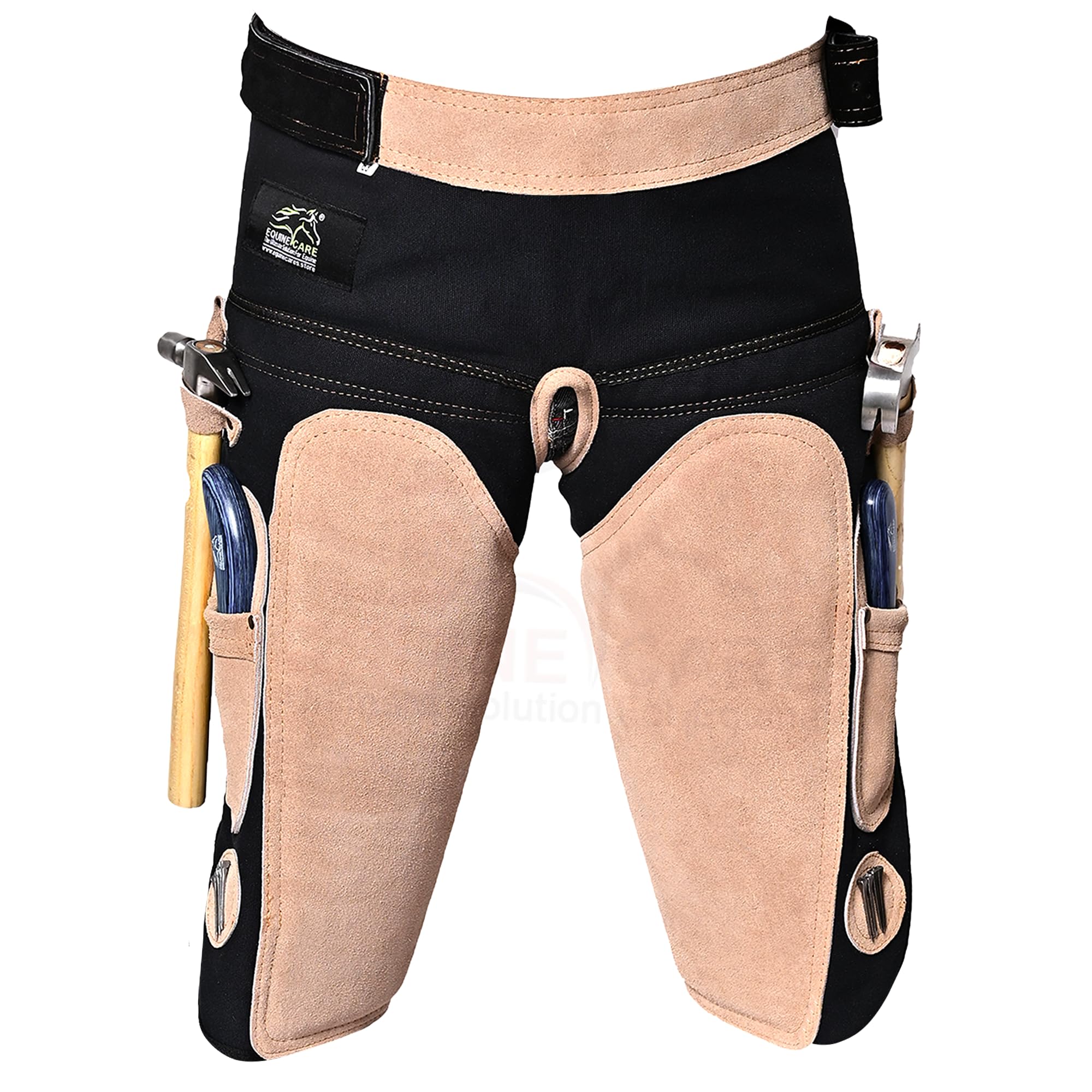 Equine Care Farrier Apron Chaps For Men 25'' Cowhide Suede Leather & Canvas, Adjustable 28''-52'' Waist, 2 Hammer Loops, Hoof Kn