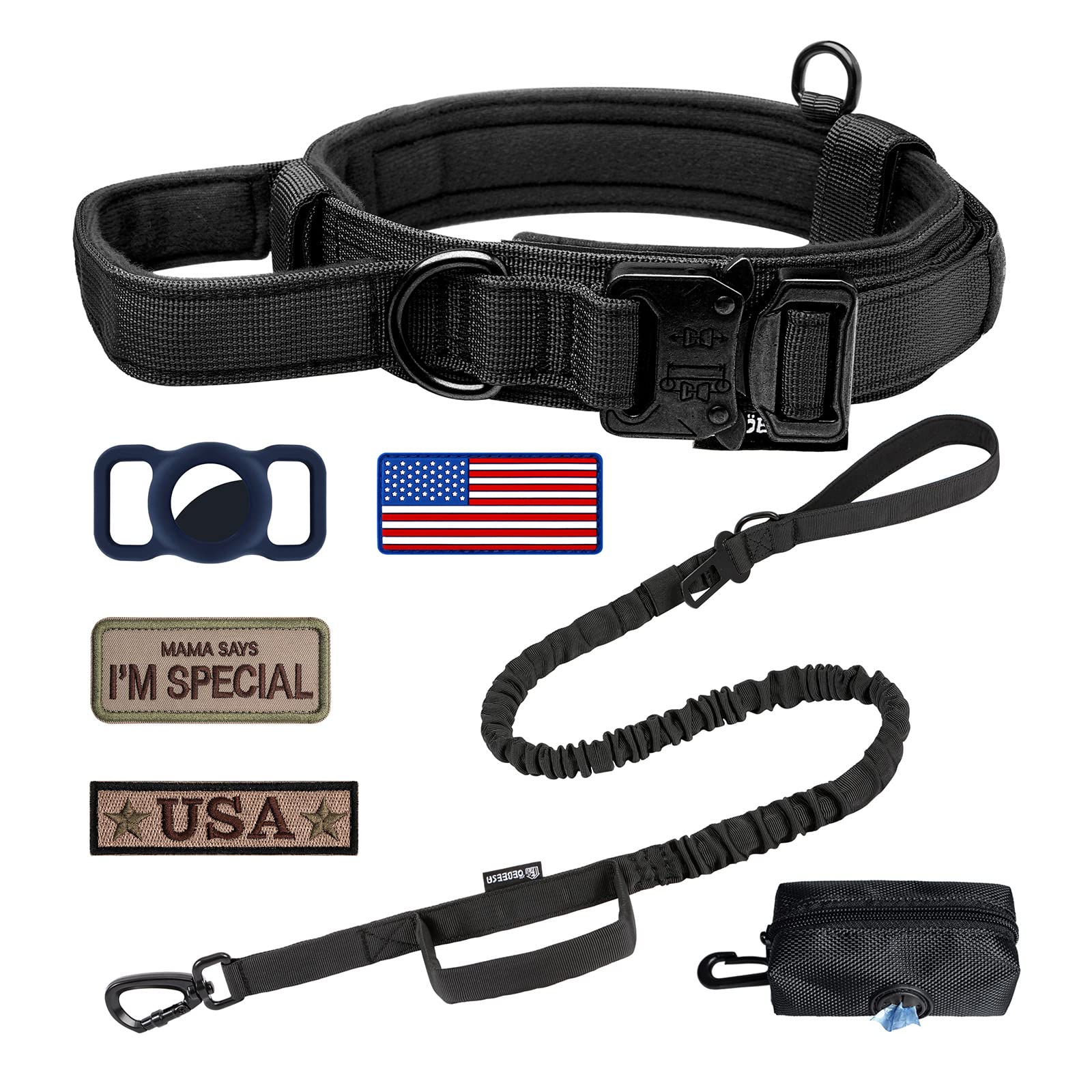 OEBEESA Tactical Dog Collar and Leash Set:-Adjustable Nylon Dog Collar with Handle Shock Absorbing Retractable Strong Dog Leash 