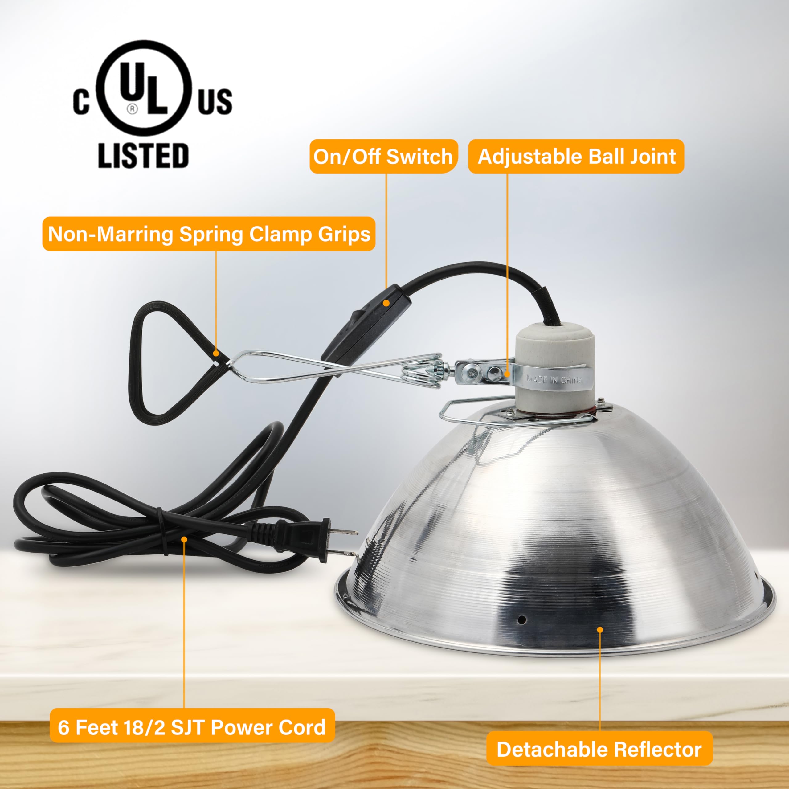Simple Deluxe Adjustable Clamp Lamp With 10.5'' Aluminum Reflector And Bulb Guard, 250W E26 Socket (Bulb Not Included), 6Ft 18/2