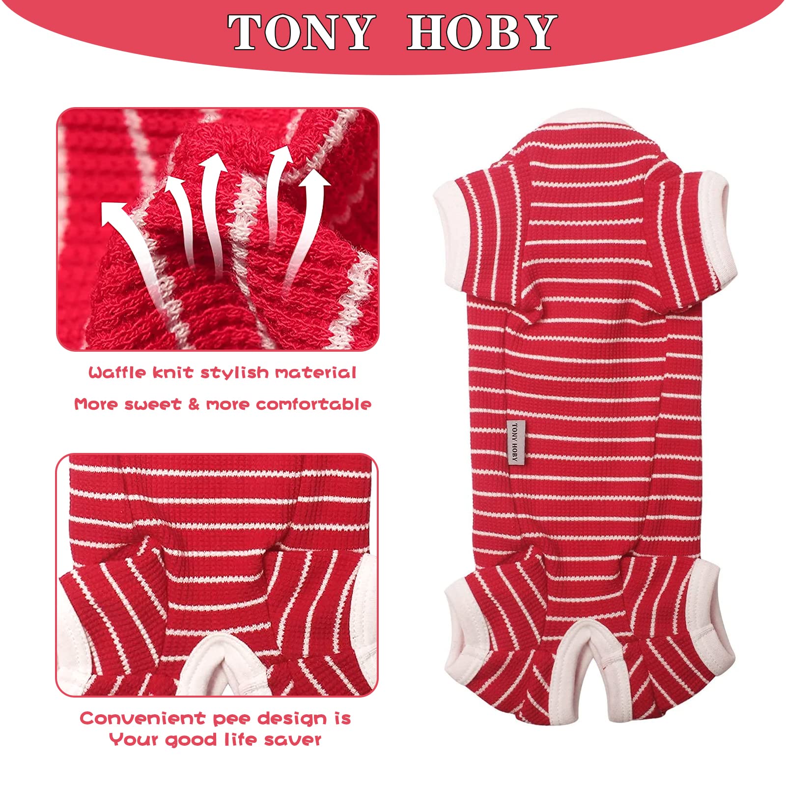 Tony Hoby Dog Pajamas 4 Legged Pet Clothes, Dog Onesies With Waffle Stripes, Dog Jumpsuit Pajamas For Medium Small Dog (Red, Girl, M)