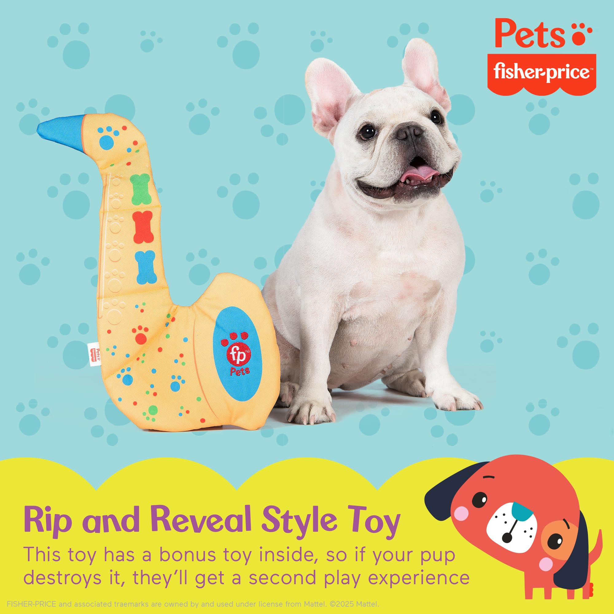 Fisher-Price for Pets SaxBone Rip and Reveal Dog Toy, Flattie Style Dog Toy with No Stuffing, Stuffing-Free Dog Toy, Bonus Toy I