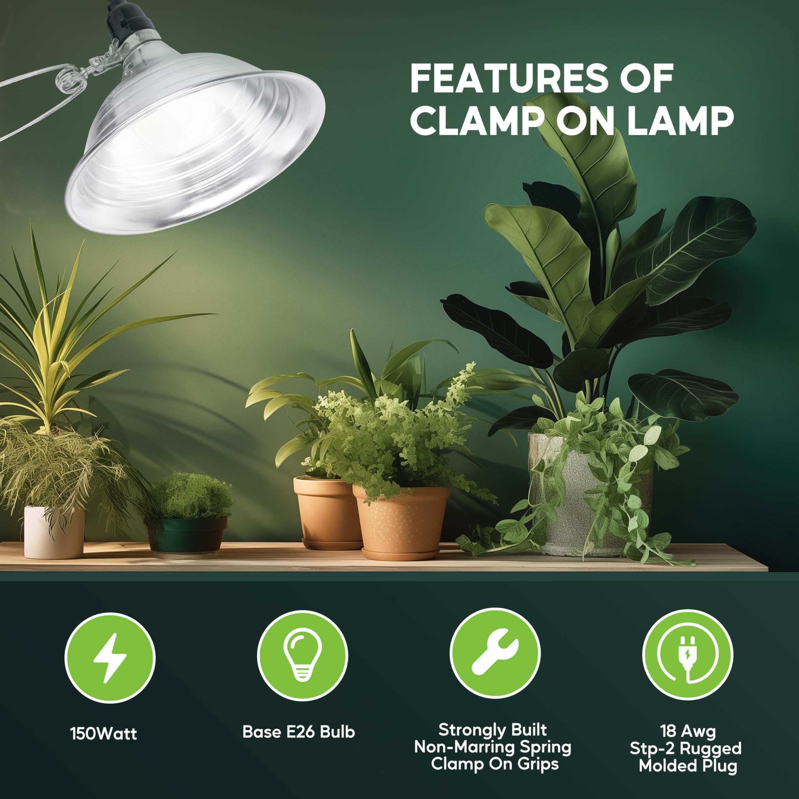 Healsmart 8.5'' Clamp Light Socket, 150-Watt Maximum With 6 Feet 18/2 Spt-2 Cord, Aluminum Reflector E26 (No Bulb Included), For