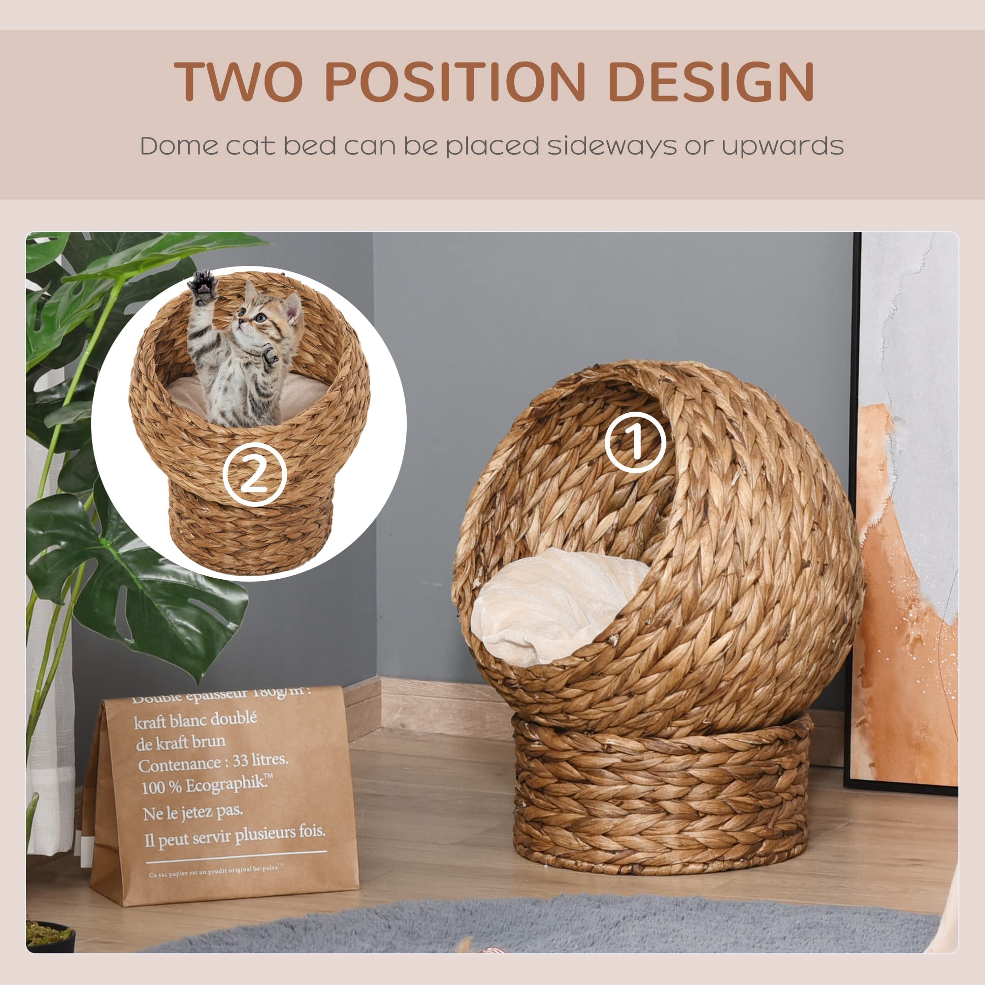 Pawhut Handwoven Elevated Cat Bed With Soft Cushion & Cat Egg Chair Shape, Cat Basket Bed Kitty House With Stand, Raised Wicker Cat Bed For Indoor Cats, 23.5' H, Brown