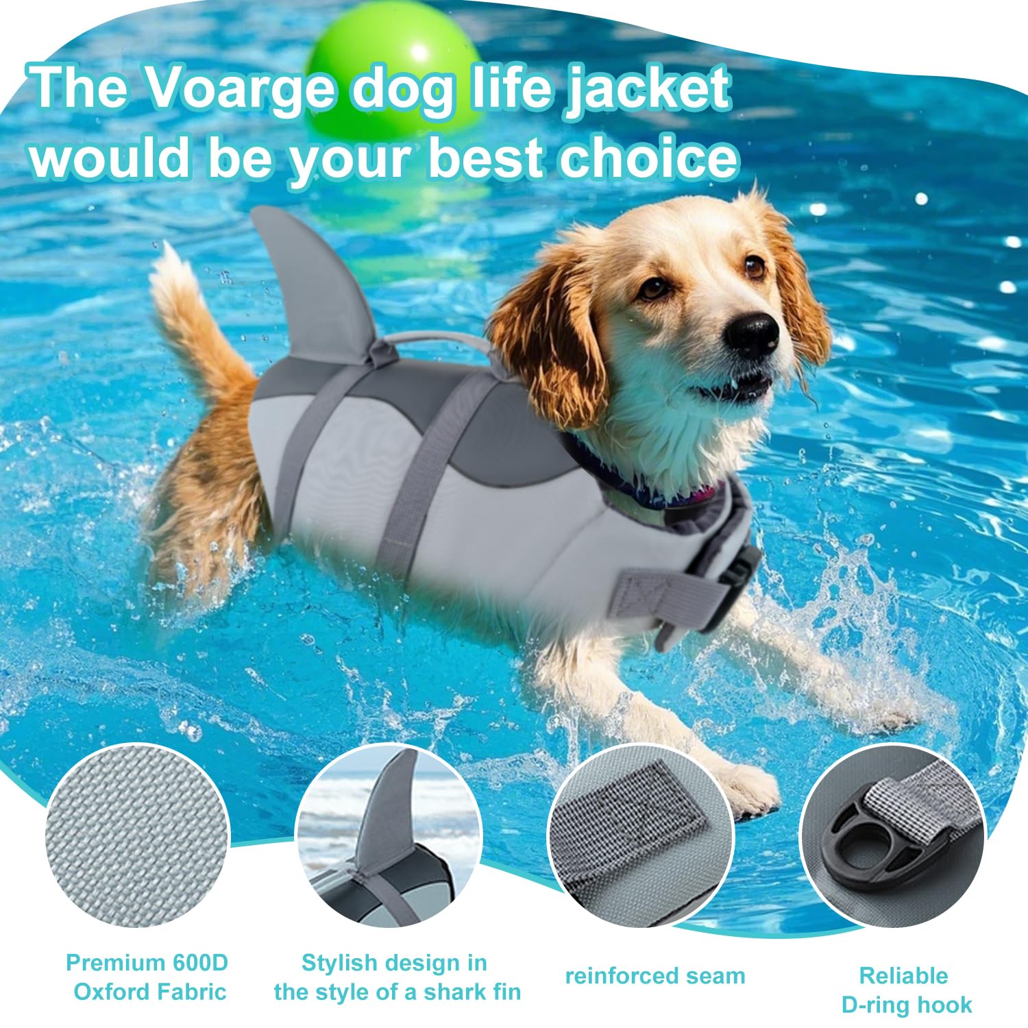 ANNICOO Dog Life Jacket, Lifesaver Vests with Rescue Handle, Shark Dog Life Vest for Swimming Boating, with High Flotation Swims
