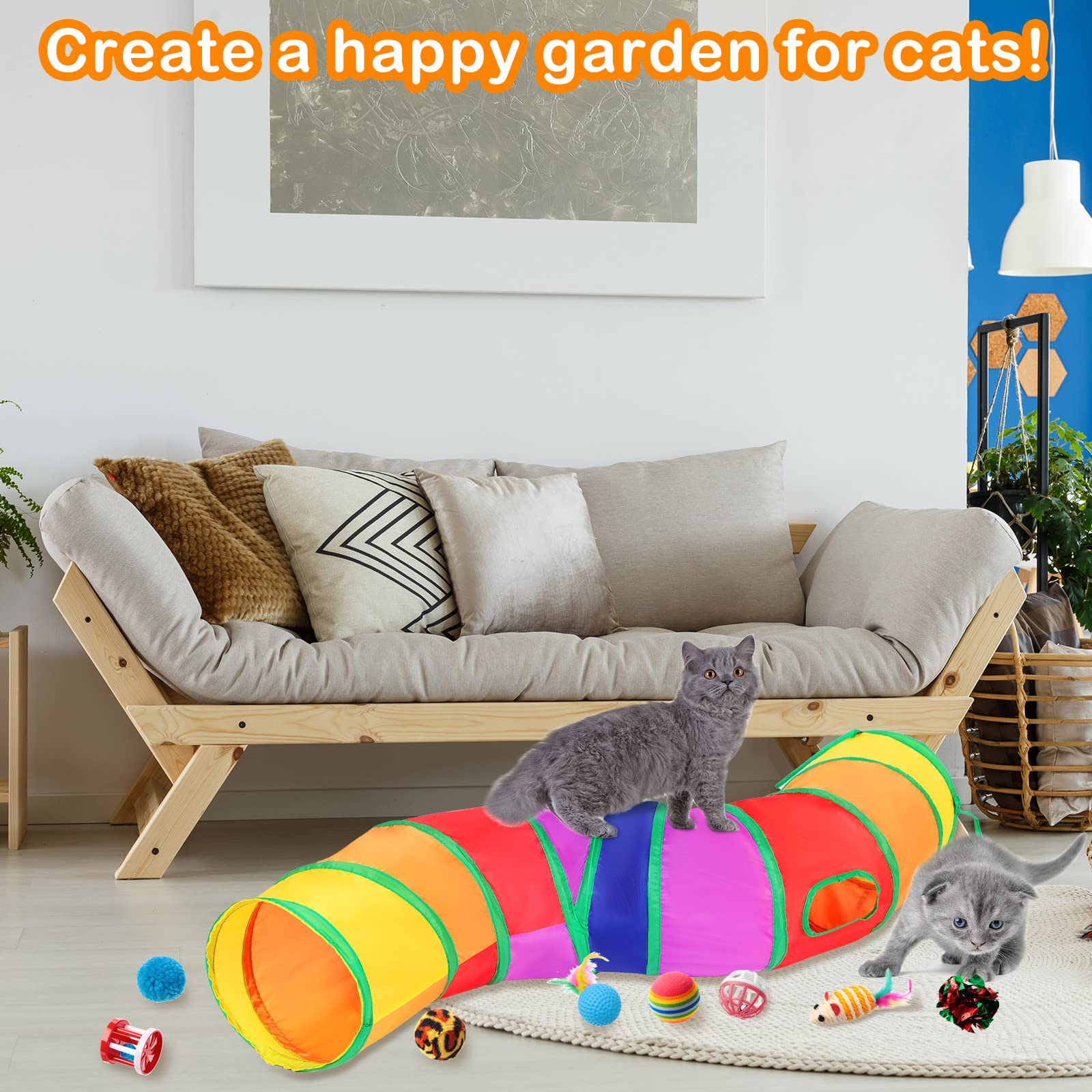 Wettarn 22 Pieces Cat Toys Set, With 2 Collapsible Tunnels For Indoor Cats And 20 Kitten Toys Tubes And Tunnels Interactive Feat