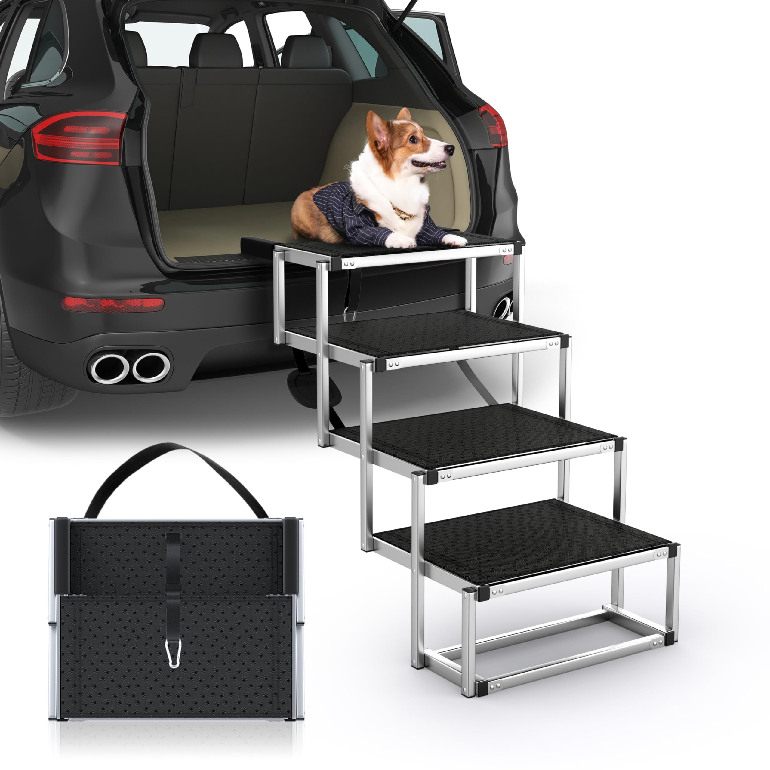 Petruna Dog Stairs For Car, Foldable Dog Ramp For Car With Non-Slip Surface, Portable Dog Stairs Aluminum Dog Steps For Cars And Suv, High Beds, Truck, Supports Up To 250 Lbs, 4 Steps