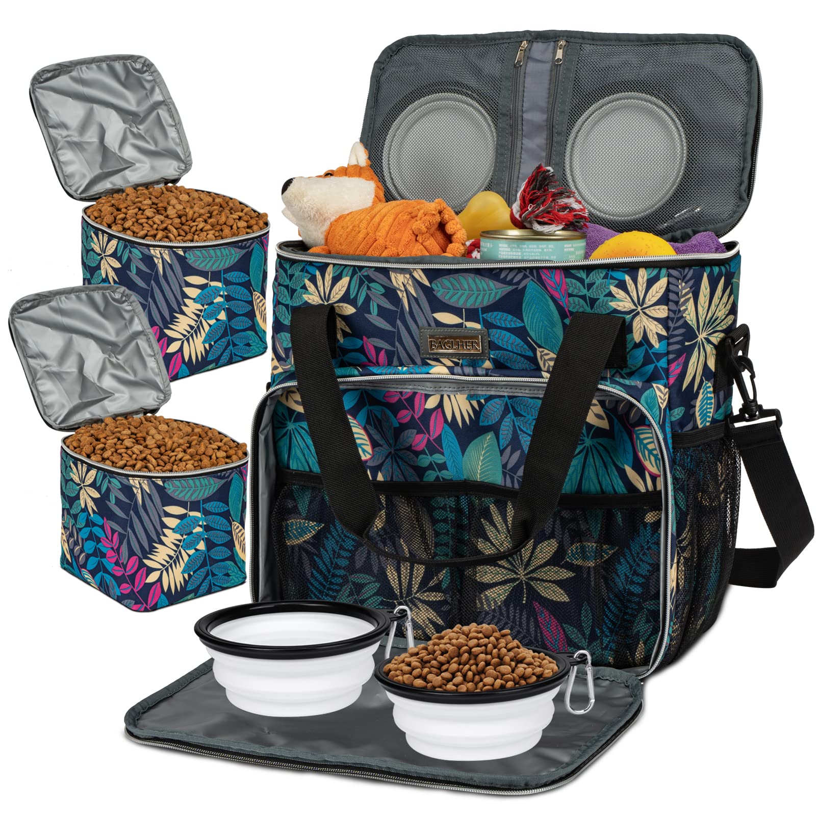BAGLHER Dog Travel Bag, Pet Travel Bag (All Pet Travel Supplies), with 2 Pet Food Containers and 2 Collapsible Silicone Bowls; E