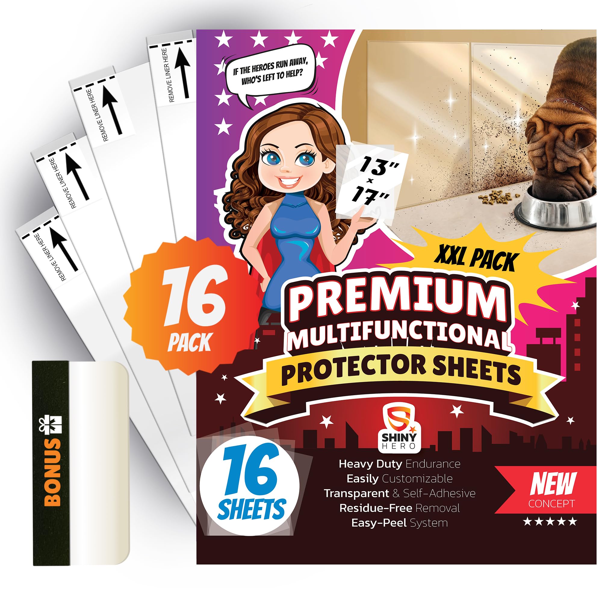 16Pack - Clear Wall & Door Protector from Dog Scratching - Anti Cat Couch Guard Plastic Sheets, Furniture Self-Adhesive Removabl