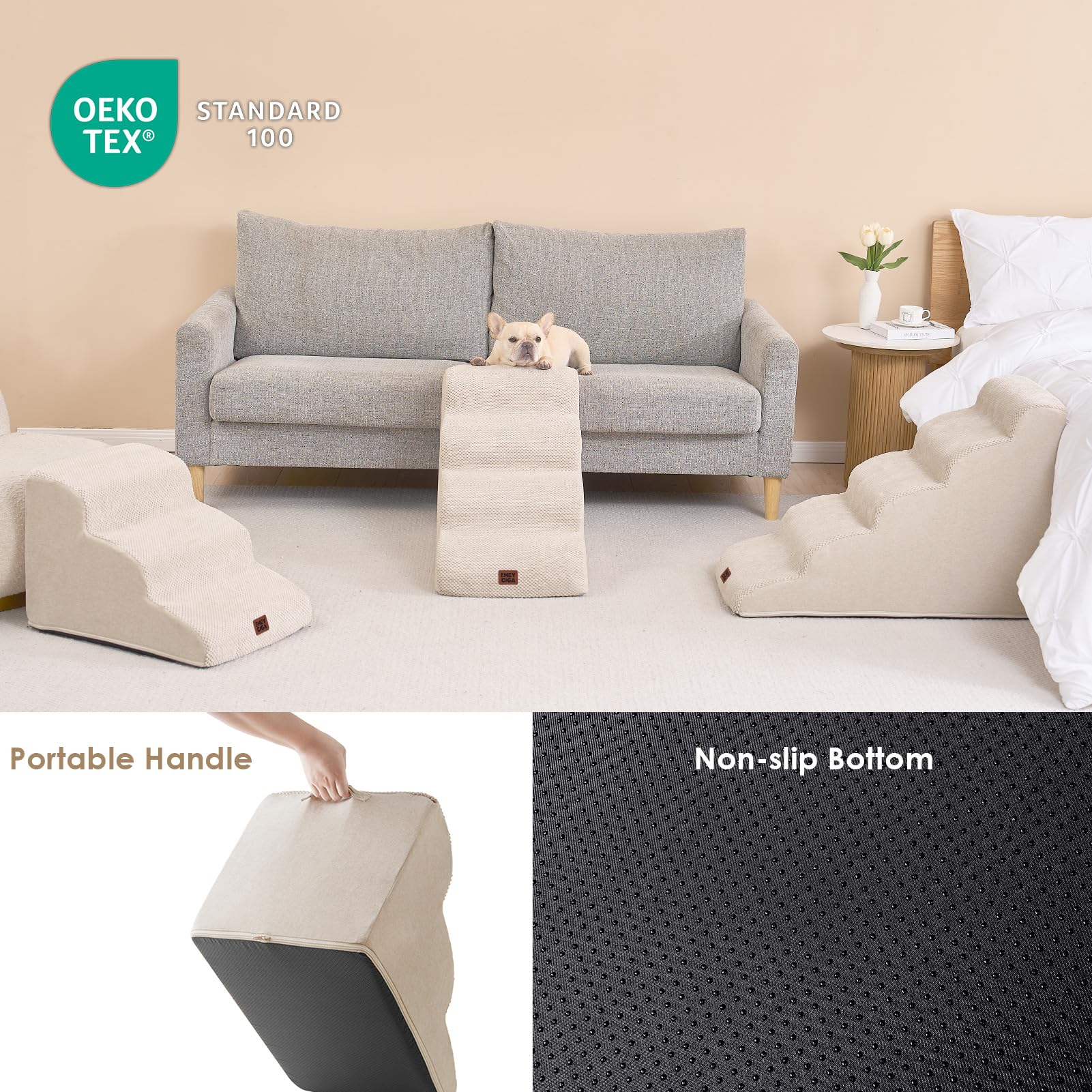 Eheyciga Curved Dog Stairs Ramp For High Beds 19.7' H, 4-Step Dog Steps For Small Dogs And Cats, Pet Stairs For High Bed Climbing, Non-Slip Balanced Pet Step Indoor, Beige