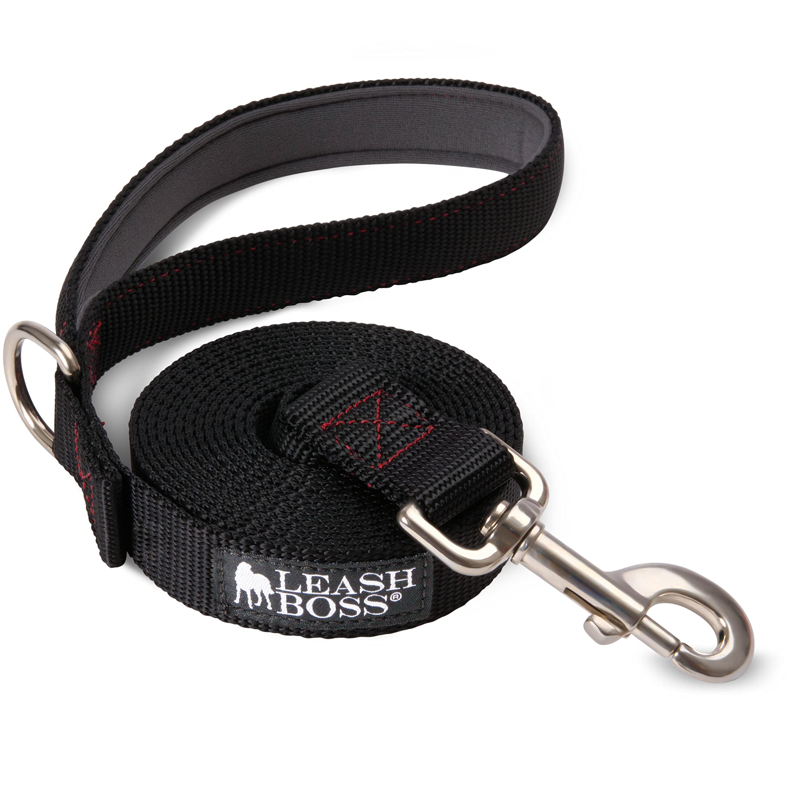 Leashboss 10 Foot Dog Leash With Padded Handle - Long Leash For Hiking, Camping, Exploring, Or Walking (10 Feet, Black/Red/Grey)