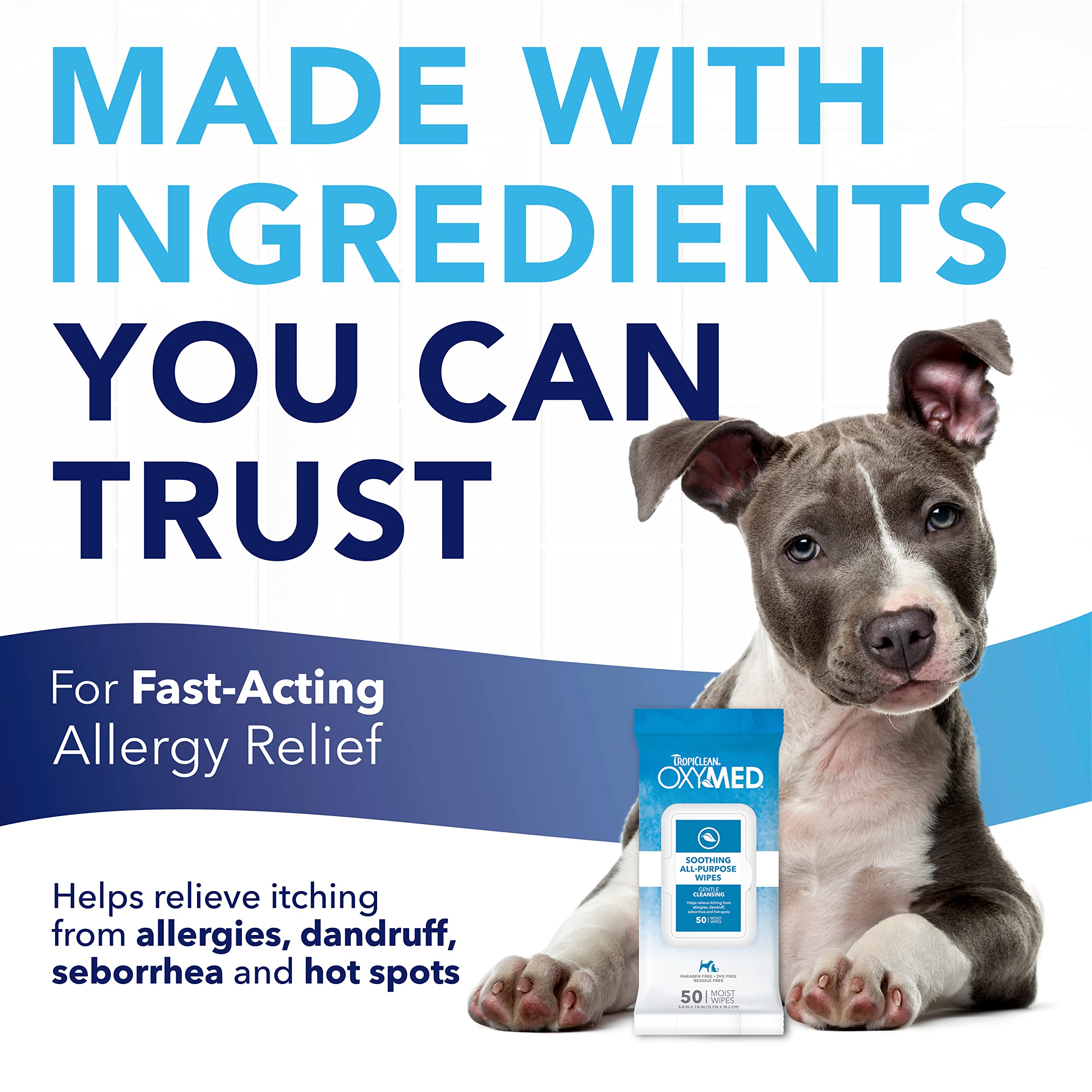 TropiClean Soothing Cat & Dog Wipes for Paws & Butt, 50 Count, Anti-Itch Relief, OXSTWP50CT