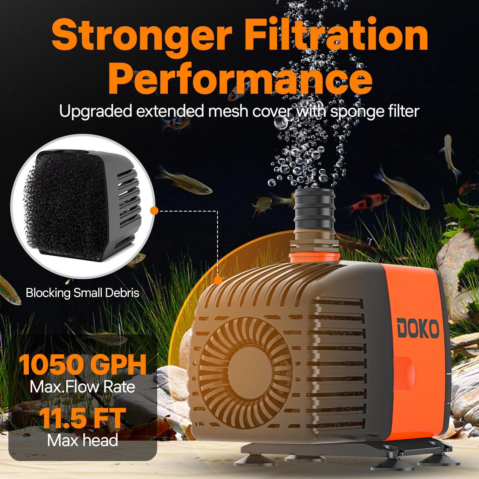 Doko Submersible Water Pump,1050GPH Aquarium Water Pump with Extended Mesh Cover and Sponge,Ultra Quiet Pond Pump with 6Ft Power