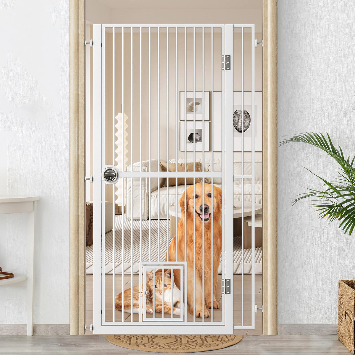 61'' Extra Tall Cat Gate For Doorway, 34.3''-36.7'' Adjustable Wide Dog Door With Cat Door, 1.37'' Gap For Pet Gates, Suitable F