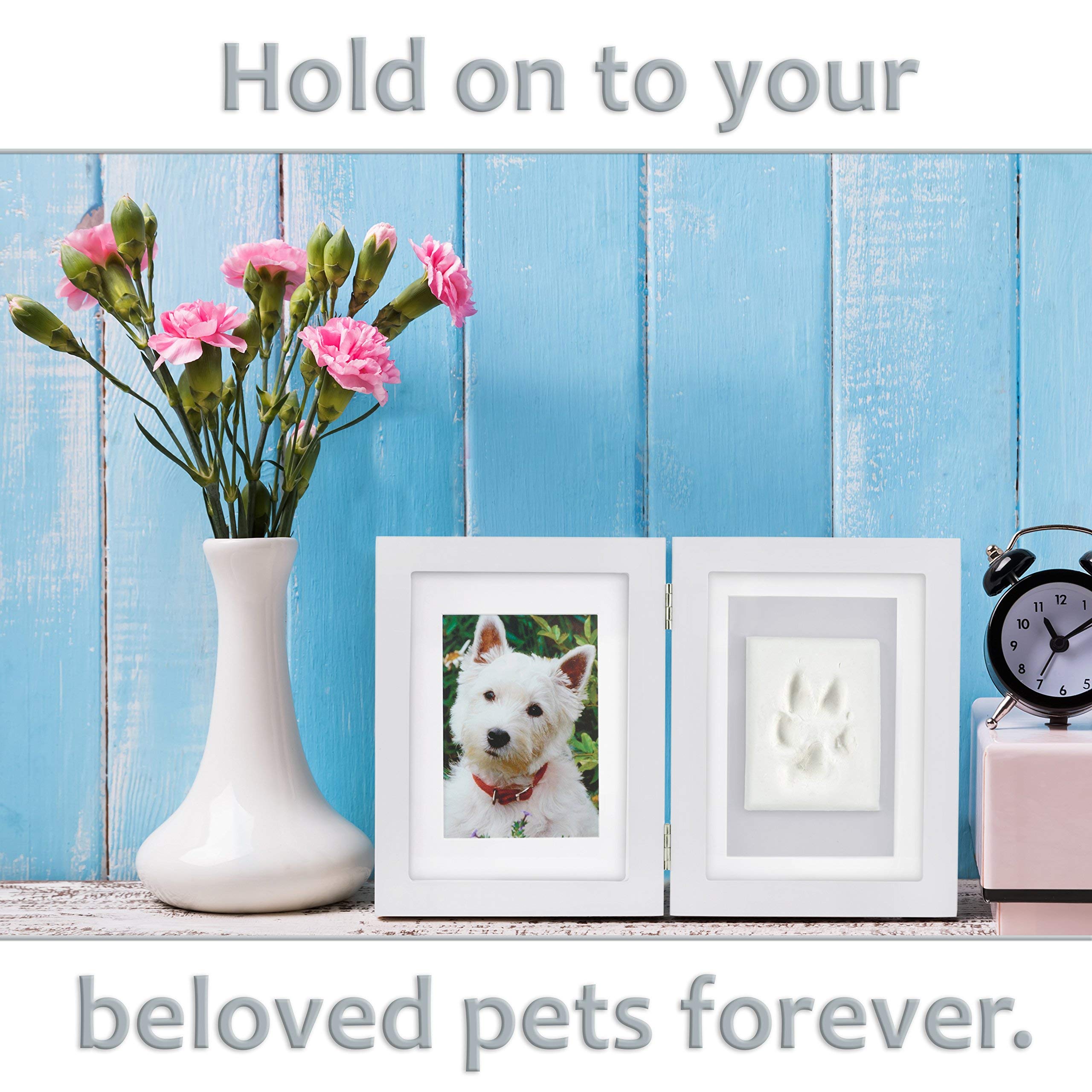 Better World Pets Paw Print + Photo Keepsake Frame Holds 4 X 6 Inch Or 5 X 7 Picture – Memorial Clay Imprint Kit – For Dogs And Cats – Perfect For Pet Lovers – Hinged For Desktop, White