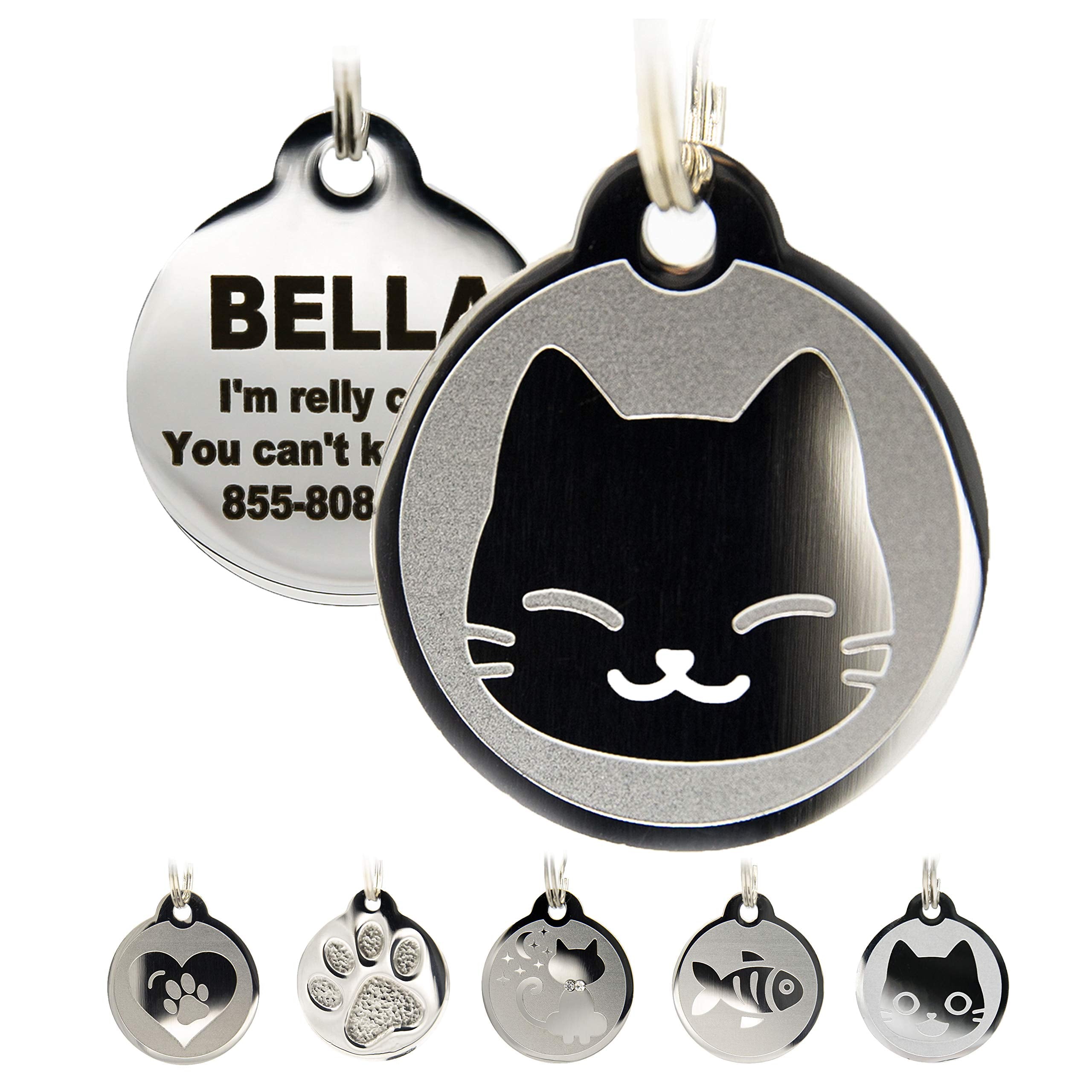 Stainless Steel Cat Id Tags - Engraved Personalized Cat Tags Includes Up To 4 Lines Of Text With Kitty Face Shape