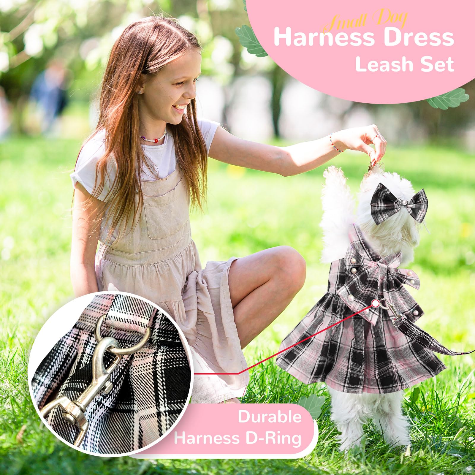 Petcare Cute Dog Dress Clothes For Small Dogs Cats Girl Female Pink Plaid Bow Tie Dog Harness Dresses Leash Set With Pearls Bow