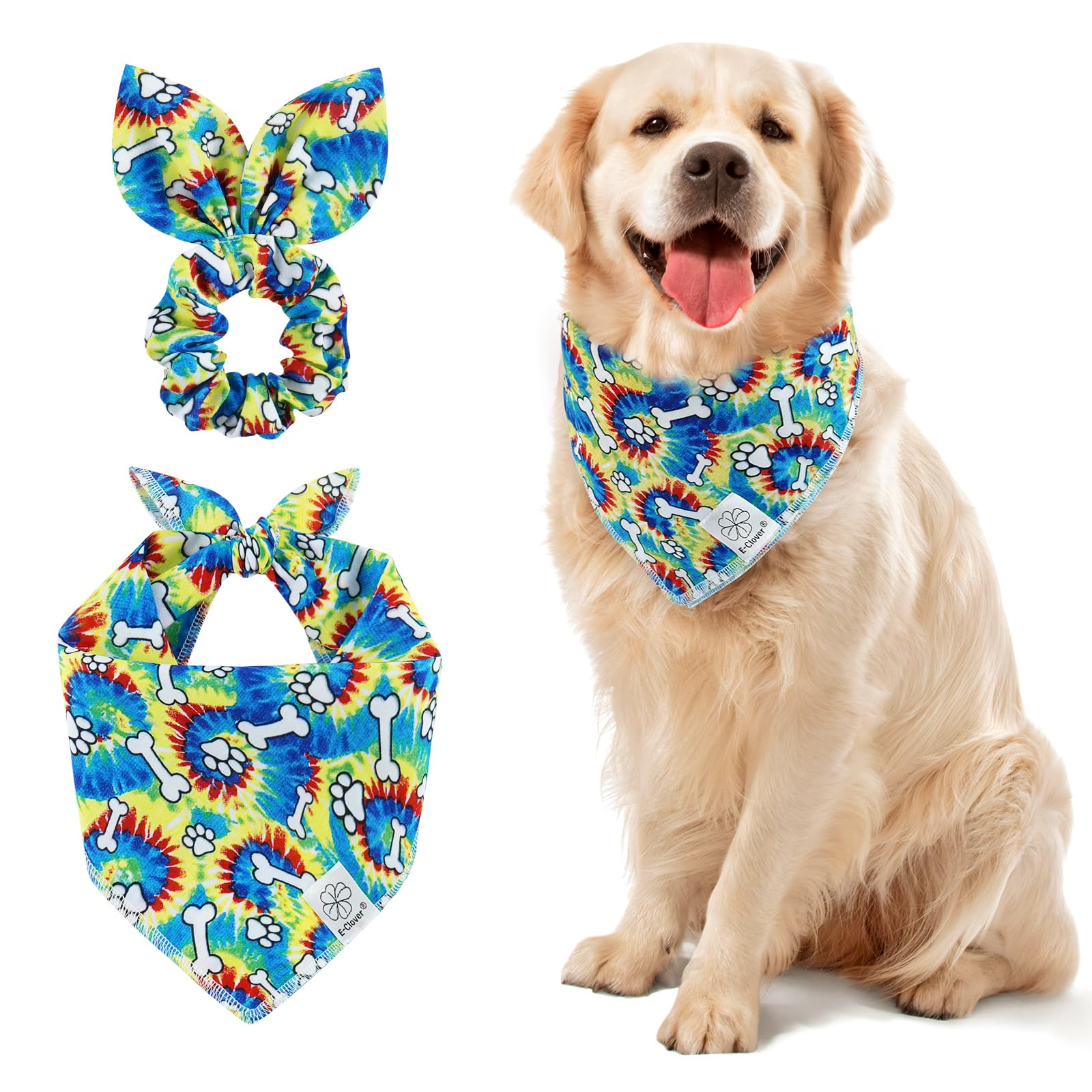 E-Clover Rainbow Dog Bandanas & Matching Scrunchie Set Girl Cute Pride Dog Scarf Bibs Pet Bandana With Bow Tie For Medium Large 