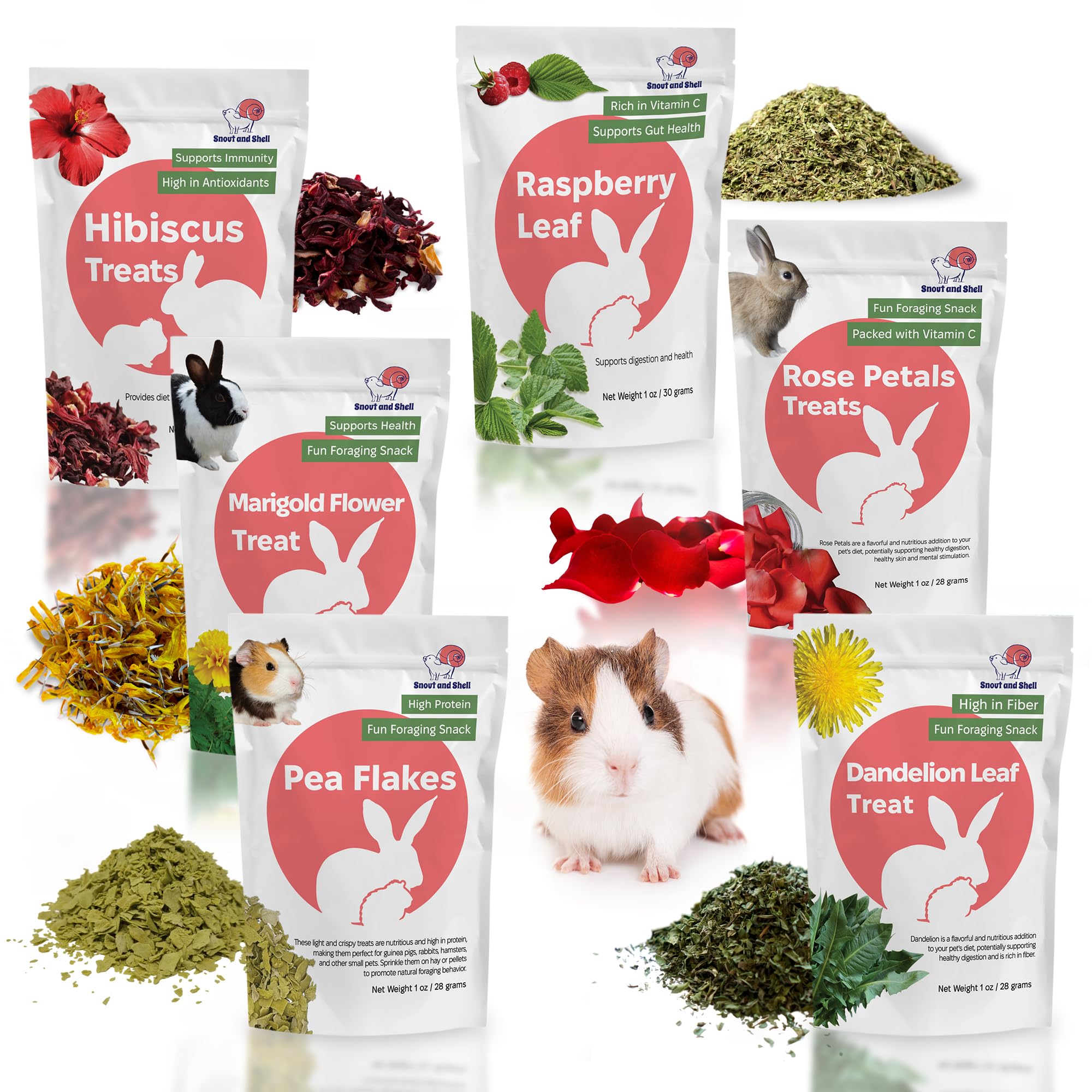 Snout and Shell Small Pet Mega Pack - 6 Natural Treats: Pea Flakes, Dandelion, Raspberry Leaf, Marigold, Rose Petals & Hibiscus 