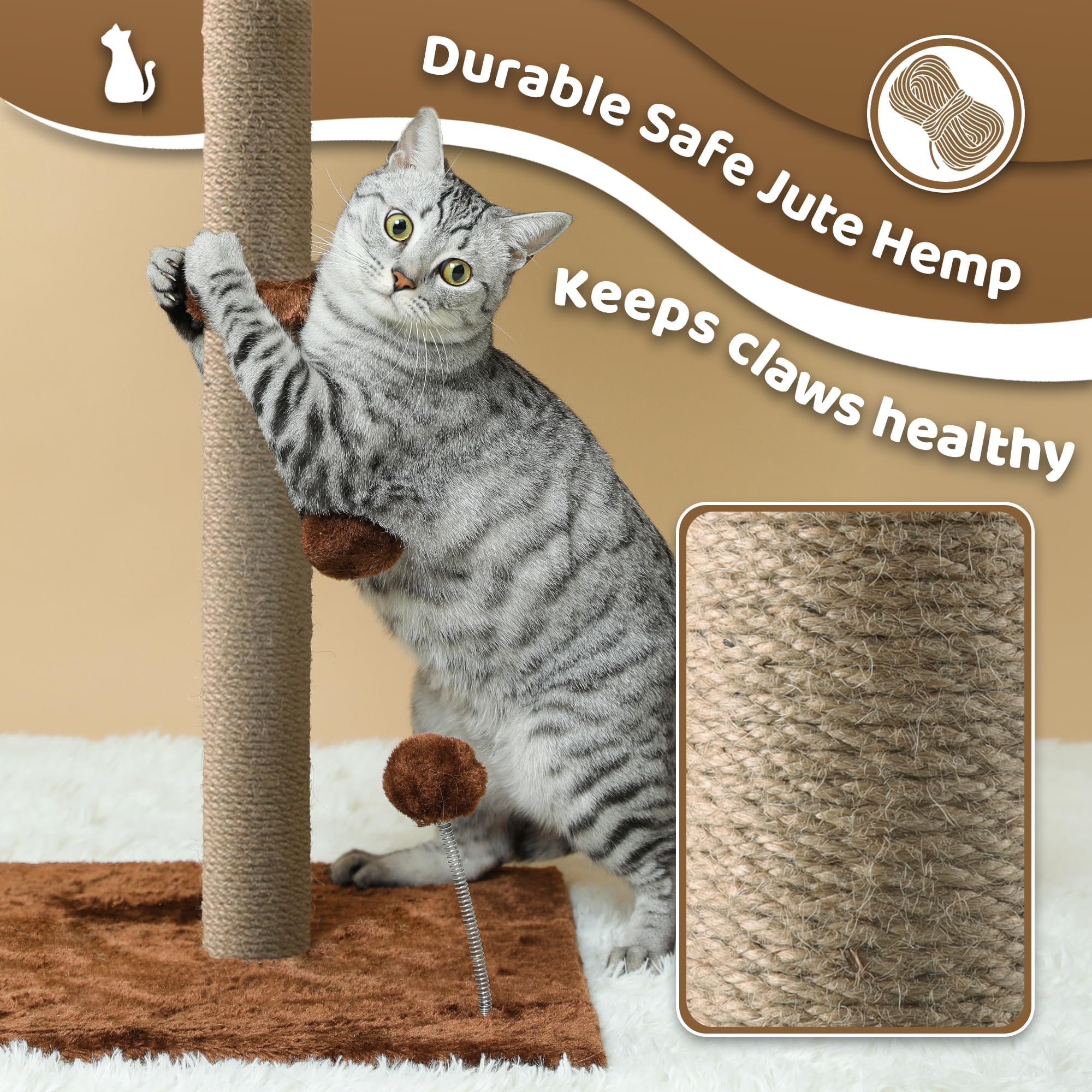 34'' Cat Scratching Post For Average Cats, Brown Palm Cat Tree, Cat Scratcher For Indoor Cats With Hanging Toy Balls For Large C