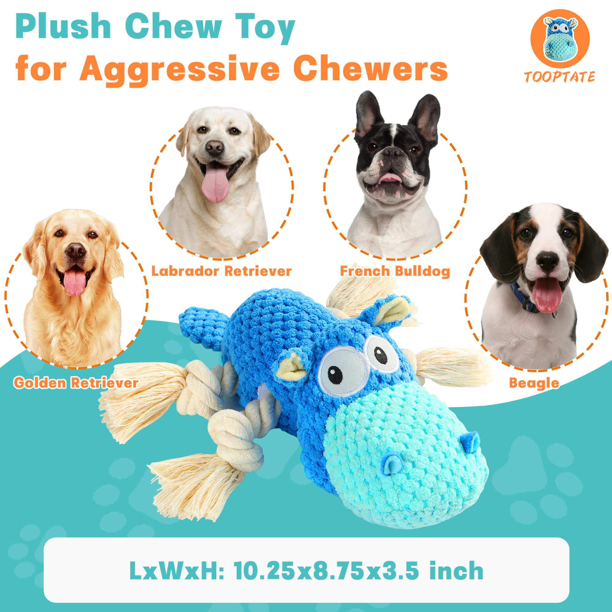 Tooptate Dog Toys For Aggressive Chewers - Dog Toys To Keep Them Busy Squeaky Dog Toys For Large Dogs (Blue, Medium)
