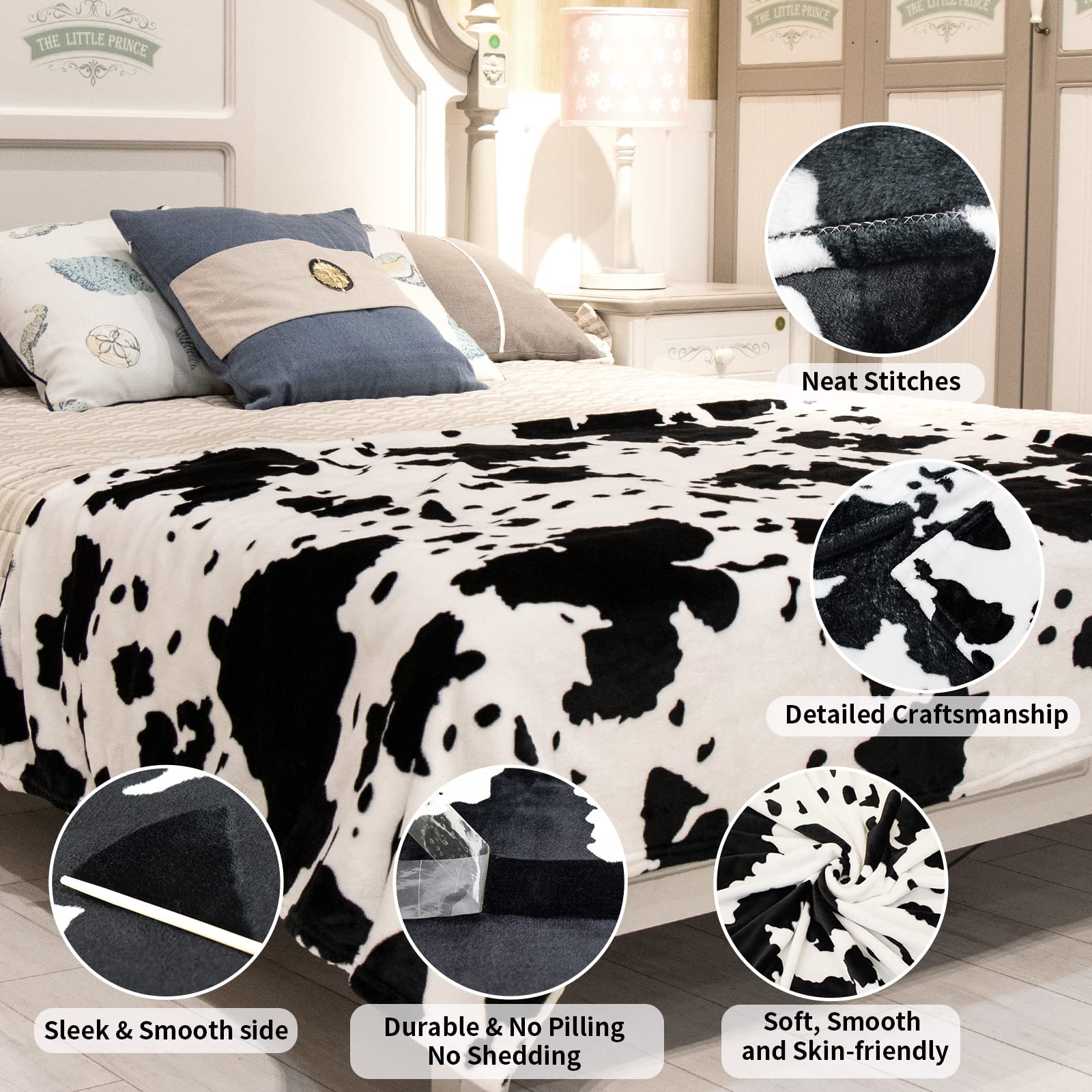Fuzzy Black Cow Print Blanket Adult Baby Soft Warm Cozy Fleece Cat And Dog Blanket Soft & Warm Fleece Flannel Pet Blanket, Great Pet Throw(40 * 50In)