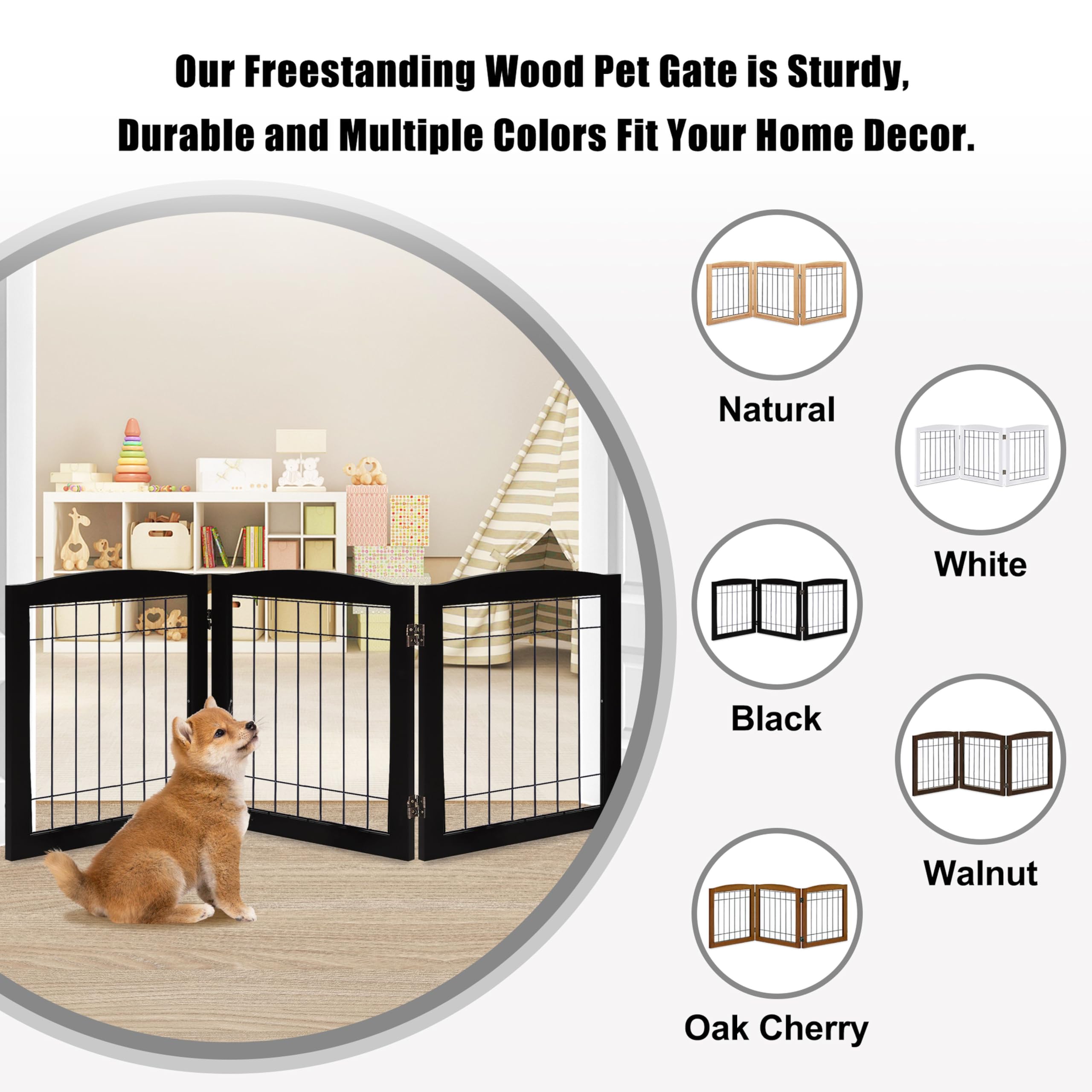 Lzrs 3-Panel Freestanding Foldable Wooden Dog Gate -Solid Wood & Steel Wire Chew-Resistant Indoor Safety Pet Fence For Doorways