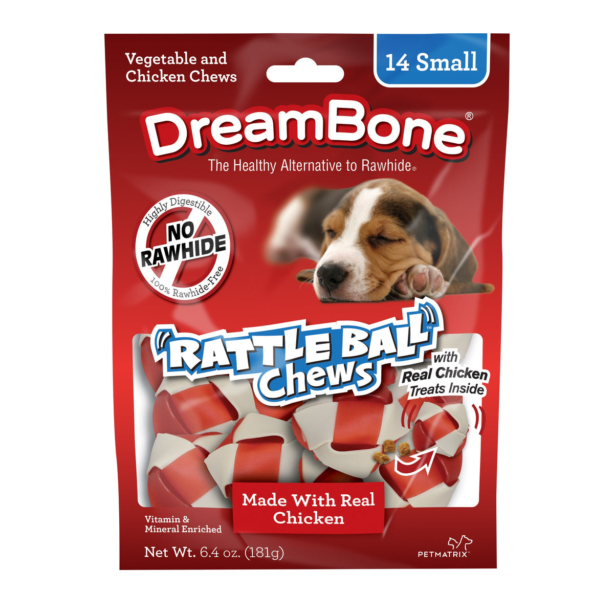 Dreambone Rattleball Small Chews 14 Count, Rawhide-Free Chews For Dogs, With Real Chicken Treats Inside