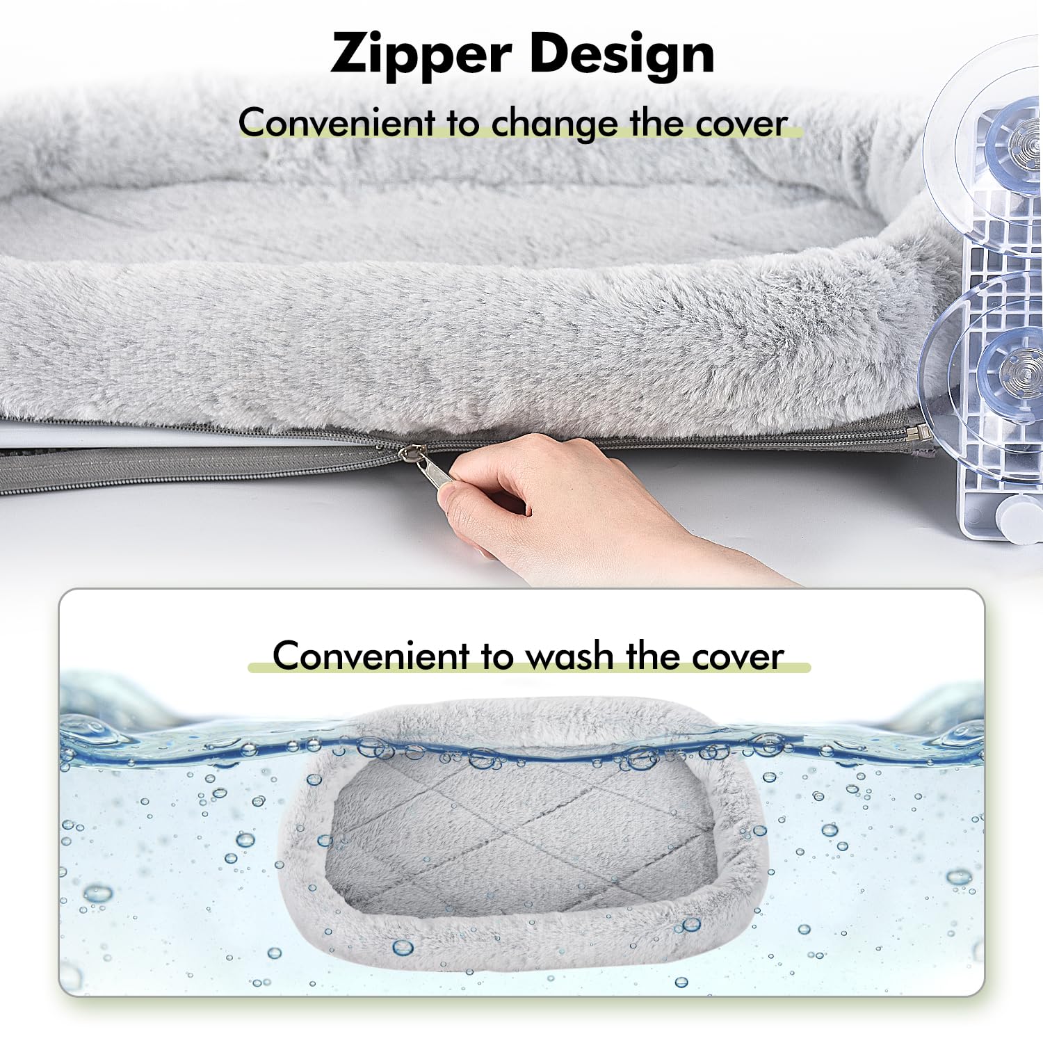 Amosijoy Cordless Cat Window Perch, Cat Hammock For Wall With 4 Strong Suction Cups, Solid Metal Frame And Two Replaceable Covers, Foldable Cat Beds For Indoor Cats (Large-Cushion Bed-Gray)