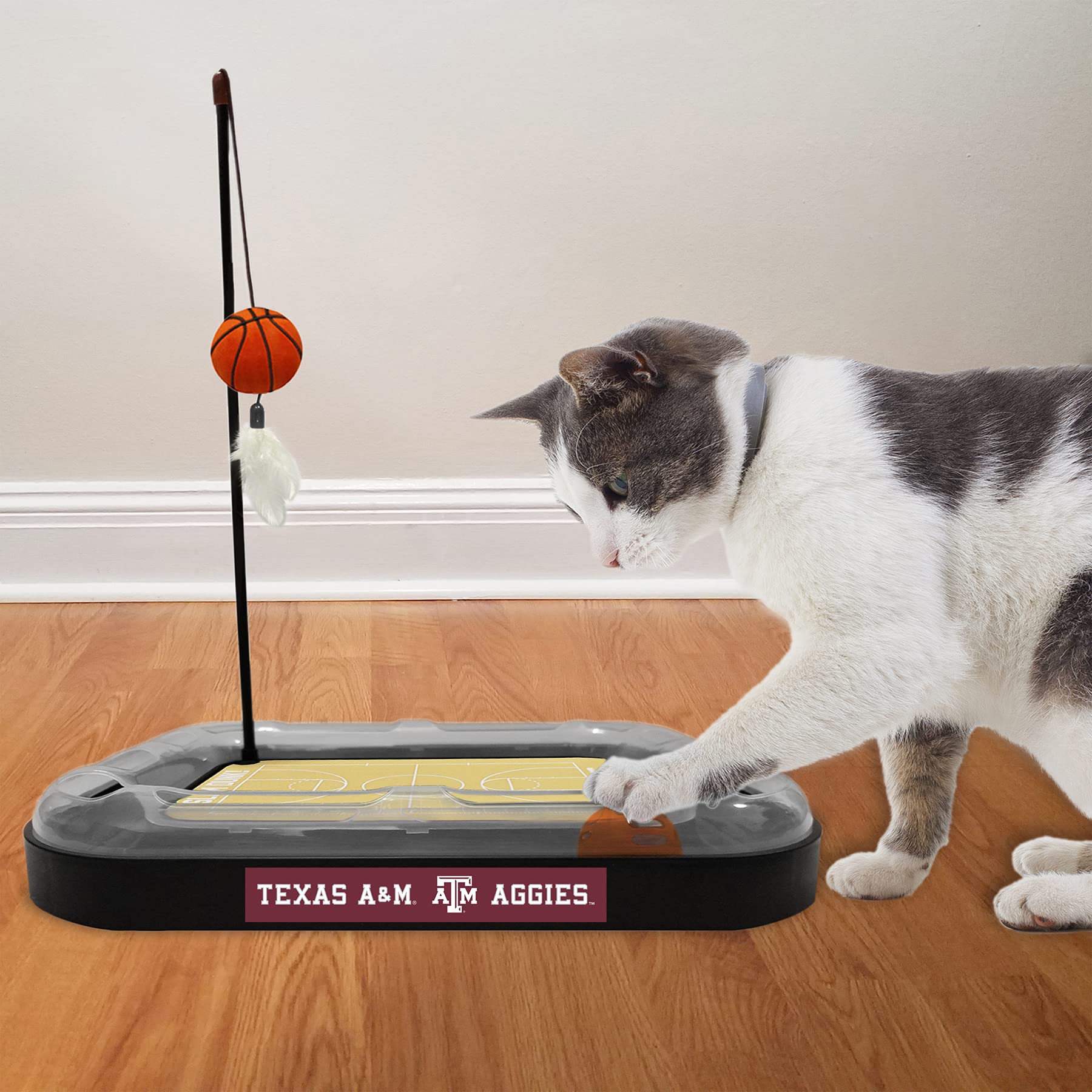 Aggies Reversible Basketball Court Cat Scratcher With Interactive Cat Ball - 6-In-1 Cat Toy Wand, Catnip Plush Basketball