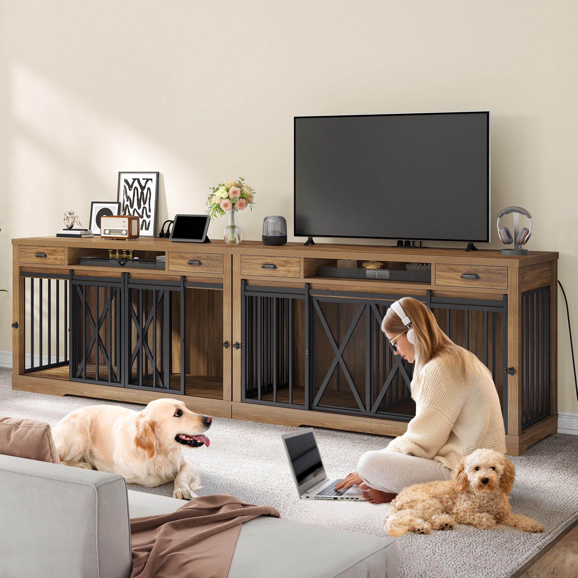 YITAHOME 63" Double Dog Crate TV Stand - Heavy Duty Wooden Indoor Kennel, Brown, Engineered Wood, Model MAYIHibdkN