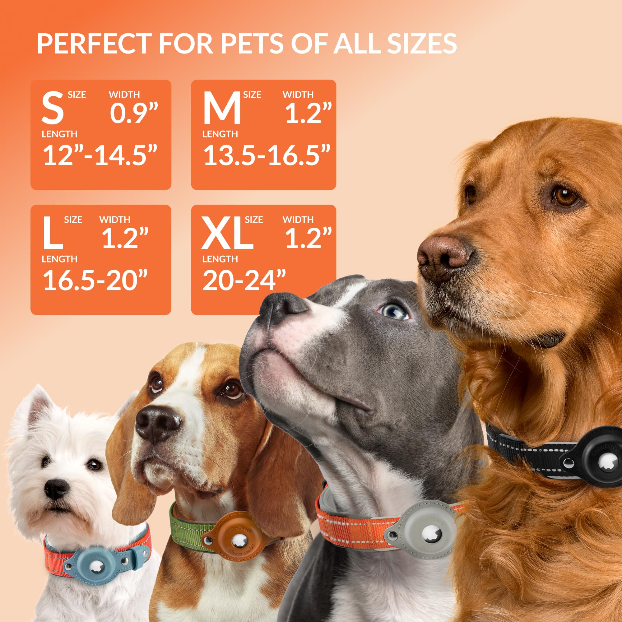 Collardirect Airtag Dog Collar Reflective Nylon Neoprene Leather Holder For Apple Air Tag For Large, Medium, And Small Dogs (Ora