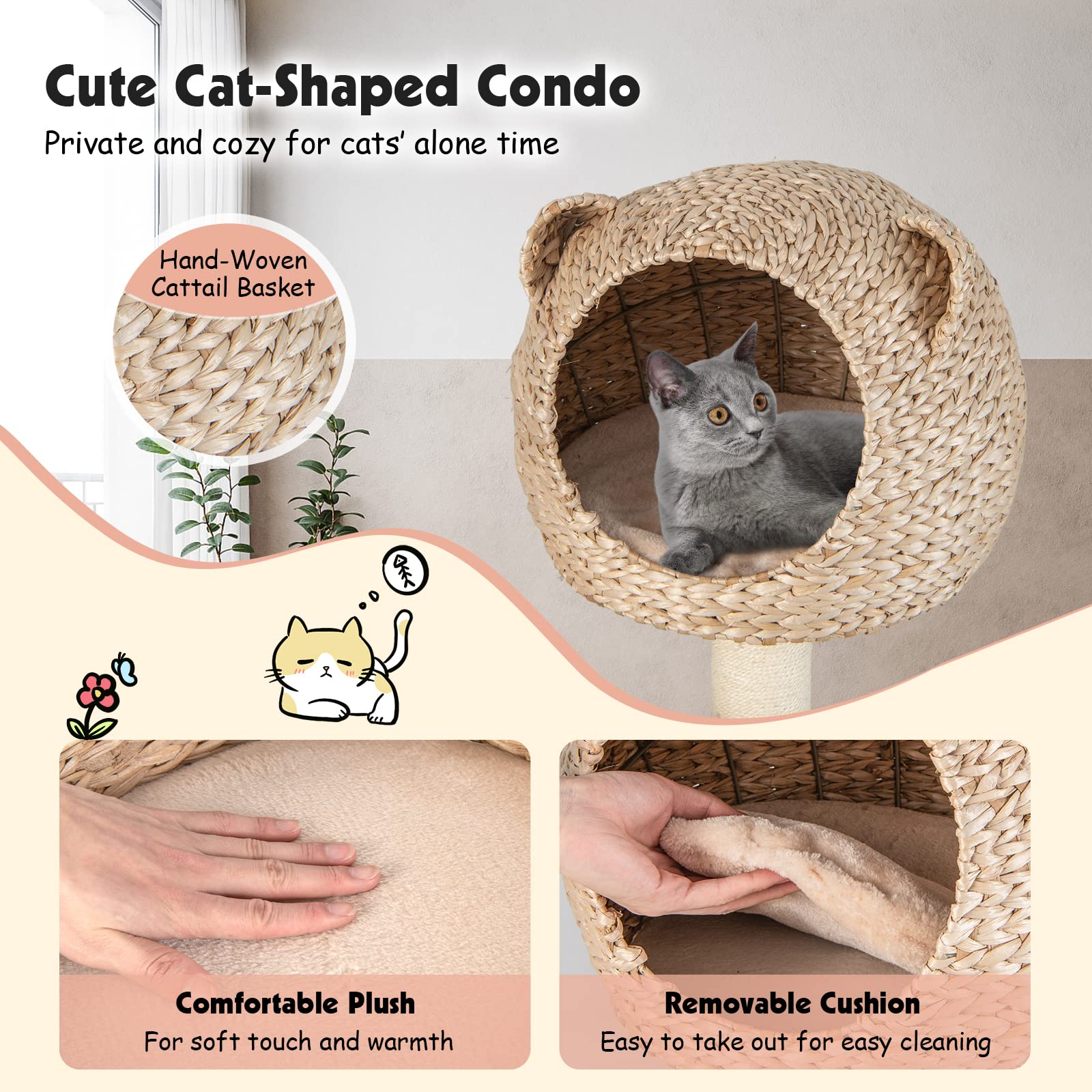 Petsite Woven Cat Tree, Modern Cat Tower With Hammock & Scratching Posts, Cattail Condo & Top Perch, Cat Activity Tree For Indoo