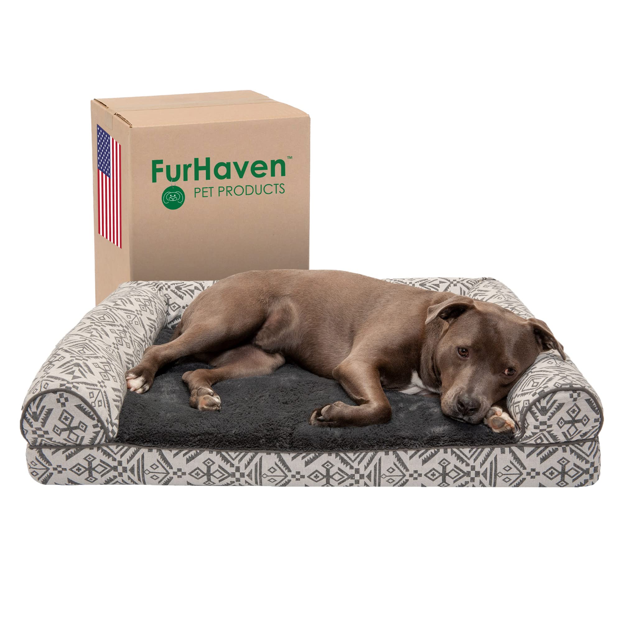 Furhaven Orthopedic Dog Bed For Large/Medium Dogs W/ Removable Bolsters & Washable Cover, For Dogs Up To 55 Lbs - Plush & Southwest Kilim Woven Decor Sofa - Boulder Gray, Large