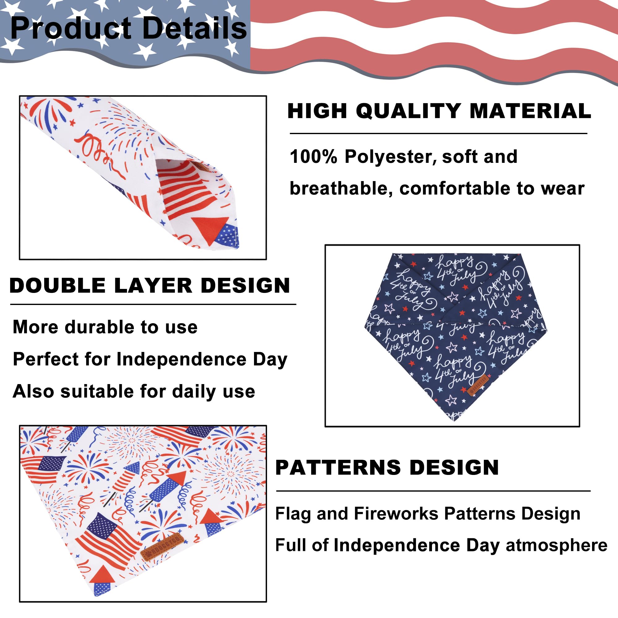 ADOGGYGO American Flag Dog Bandana, White Blue 4th of July Flag Pet Scarf, Premium Durable Fabric, Adjustable Fit 4th of July Ba
