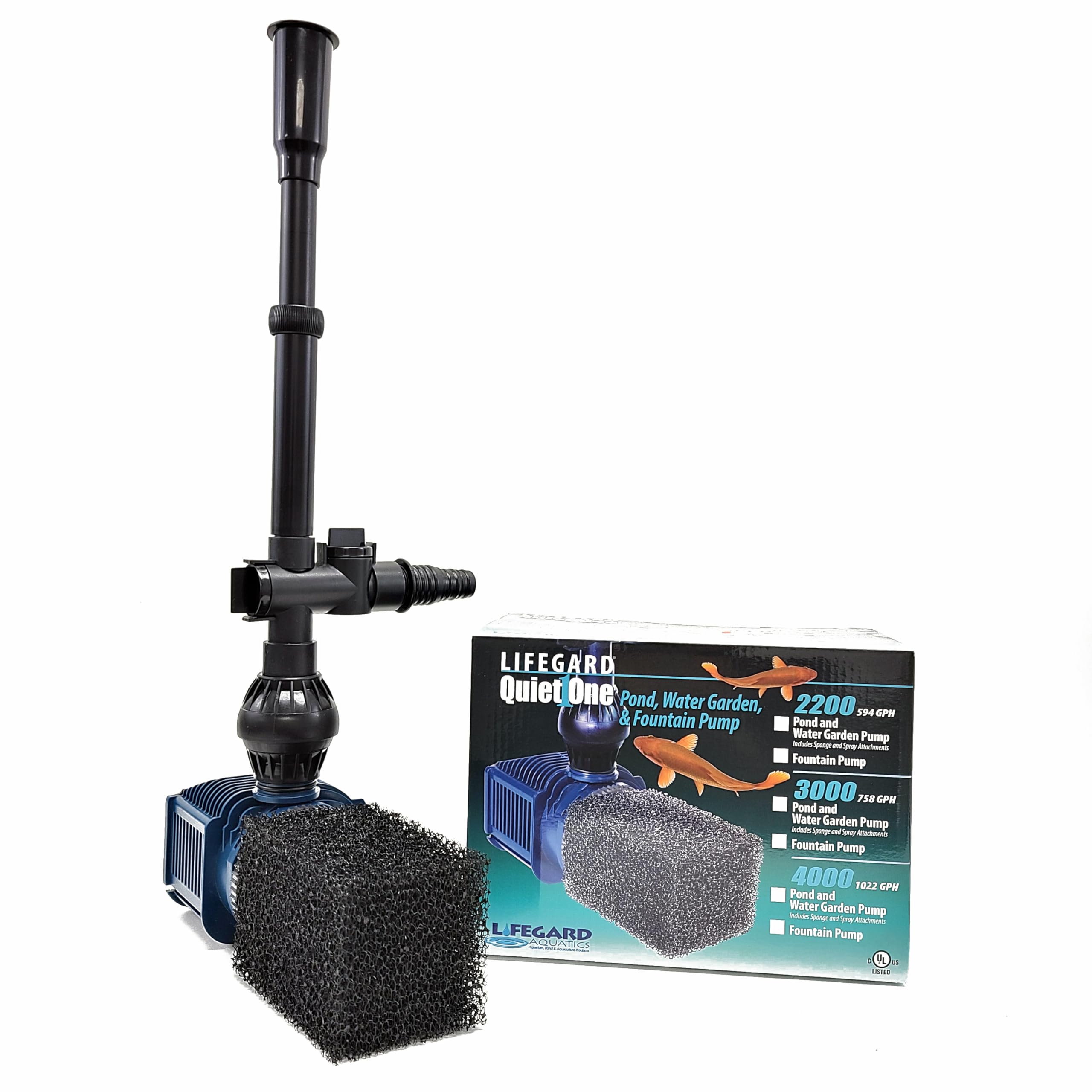 Lifegard Aquatics Quiet One Pro Submersible Pond and Water Garden Pump - Leveling Fitting, Fountain Heads, Diverter Valve for Wa