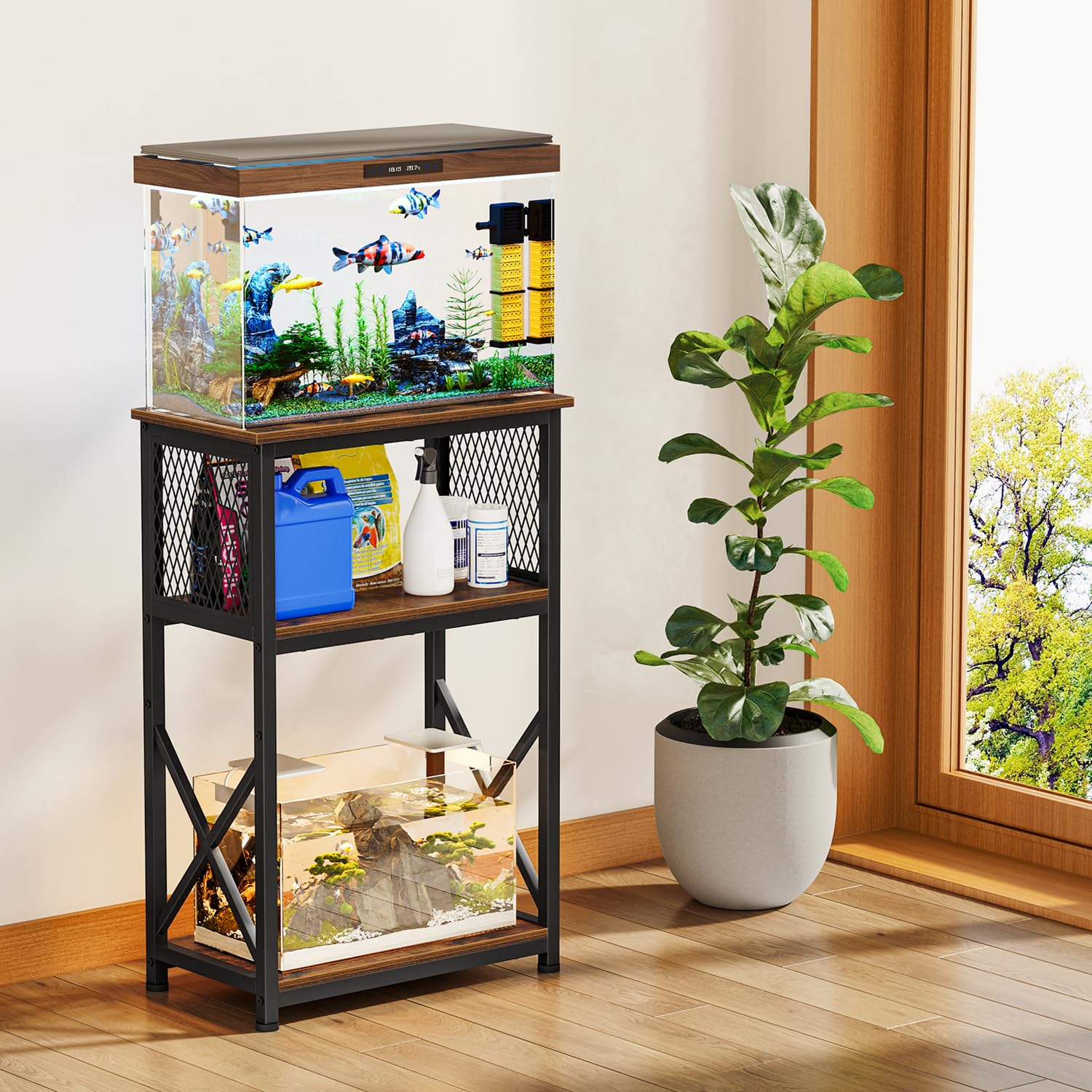 Snughome 10 Gallon Aquarium Stand with Storage, 3 Tier Heavy Metal Fish Tank Stand Shelf 20.47 x 11.42 x 30.91, Rustic Brown